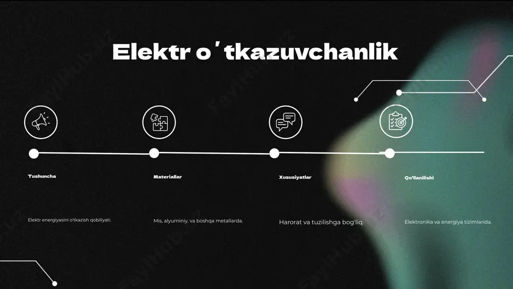 gan material sifatida qo'llaniladi. real hayotda oʼtkazuvchanlikning bir nechta misollari mavjud: 1) elektr energiyasini uzatishda mis simlar, 2) qozonlarda issiqlik o'tkazuvchanligi yuqori bo'lgan materiallardan foydalanish. oʼtkazuvchanlik energiya samaradorligini oshirib, resurslarni tejashga yordam beradi, bu esa iqtisodiy va ekologik jihatdan foydali. photo by altumcode on unsplash oʼtkazuvchanlik va energiya oʼtqazilishining kelajagi innovatsion texnologiyalar energiya oʼtqazilishida yangi imkoniyatlar yaratadi. masalan, nanomateriallar va yuqori samarali oʼtkazgichlar energiya yoʼqotishlarini kamaytirish va energiya samaradorligini oshirishda muhim ahamiyatga ega. kelajakda energiya oʻtqazish jarayonlarida avtomatlashtirish va raqamli texnologiyalar qoʼllanilishi bilan energiya taqsimoti yanada samarali boʼlishi kutilmoqda. oʼtkazuvchanlikning rivojlanishi uchun yuqori ilmiy tadqiqotlar, innovatsion yondashuvlar va barqaror materiallar ishlab chiqish zarur. bular energiya taʼminotini mustahkamlash va ekologik barqarorlikni taʼminlashda muhim rol oʼynaydi. xulosa oʼtkazuvchanlik - bu elektr, issiqlik va mexanik energiyani oʼtkazish qobiliyatidir. ularning fan va texnologiyadagi ahamiyati katta, chunki energiya samaradorligi bilan bevosita bogʼliq. real hayotda oʼtkazuvchanlik misollari, masalan, elektr simlar va izolyatsiya materiallari koʼrsatadi. kelajakda energiya …