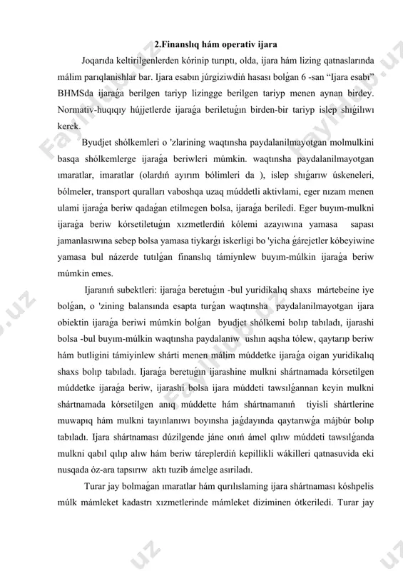 el qılıw múddeti tawsılǵanda mulkni qabıl qılıp alıw hám beriw táreplerdiń kepillikli wákilleri qatnasuvida eki nusqada óz-ara tapsırıw aktı tuzib ámelge asıriladı. turar jay bolmaǵan ımaratlar hám qurılıslaming ijara shártnaması kóshpelis múlk mámleket kadastrı xızmetlerinde mámleket diziminen ótkeriledi. turar jay ımaratları hám imaratlarınıń ijara shártnaması bolsa texnikalıq inventarizatsiya byurosında mámleket diziminen ótkeriledi. ijara haqi ijarashi tárepinen ijaraǵa beretuǵınǵa dáwirli yamasa birotala tek pul formada tolıqnatuǵın anıq tólew summası kórinisinde belgilenedi. turar jay bolmaǵan bólmeler ushın ijara haqi muǵdarı qaraqalpaqstan respublikasınıń ministrler keńesi, wálayatlaming hám tashkent qalasınıń hákimlikleri tárepinen ijaraǵa beriletuǵın mámleket hám kommunal múlktiń turar jay bolmaǵan bólmeler boyınsha anıqlanatuǵın m e'yoridan kem bolmawi kerek. shártnamada ijara haqini tólew dáwirliligi hám múddeti, hár sherekte eń keminde bir ret etip, belgilenedi. ijara tólewleri boyınsha esap -kitaplar ijarashitomonidan hár bir ijara tólewi múddetinde ijaraǵa beretuǵındıń talap etip olgunga shekem depozit esapvarag'iga 100 procent muǵdarında aldınan tólew formasında ámelge asırılıwı kerek. ijara shártnamasına …