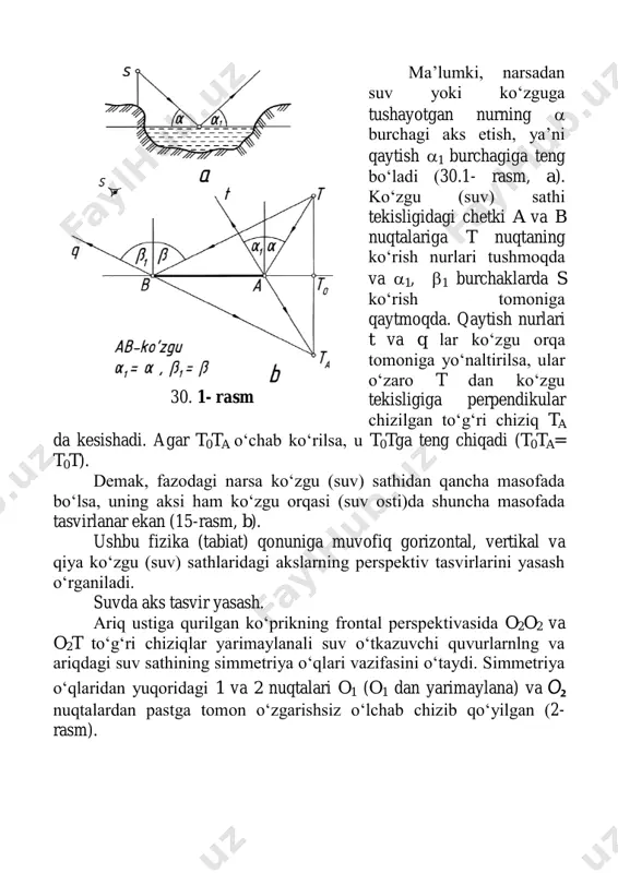 triya o‘qlaridan yuqoridagi 1 va 2 nuqtalari o1 (o1 dan yarimaylana) va o2 nuqtalardan pastga tomon o‘zgarishsiz o‘lchab chizib qo‘yilgan (2- rasm). 30. 1- rasm 2- rasm 2-rasmda ko‘ldagi tabiat elementlarining suvdagi aks tasvirini yasash ko‘rsatilgan. oldinroqdagi ab tayoq va gl egri cho‘pdan tushayotgan akslarni tavirlashda, masalan, b nuqtaning suv sathidagi asosi ning aniqlanishi yo‘nalish (strelka)lar bilan ko‘rsatilgan. baliq tutish tayog‘i ab frontal joylashgan bo‘lib, b0 dan ufq chizig‘iga parallel chizilgan chiziqqa a nuqtadan unga perpendikular chiziq tushirilgan. bu chiziqqa oa nuqtadan oaa masofa oaa=oaaa (z=za) tarzida o‘lchab qo‘yiladi. aab0 tayoqcha ab ning suvdagi aksi hisoblanadi. g0l egri cho‘pning kuzatuvchiga nisbatan ishg‘ol qilgan holatini aniqlash uchun c0f1 dan foydalansa bo‘ladi. d, e, l nuqtalardan vertikal (suv sathi tekisligiga tik) chiziqlar chizilib, od, oe, ol nuqtalar belgilanadi. bu belgilangan nuqtalardan tik chiziqlar davomiga odd=odda, oee=oeea, oll=olla tarzida masofalar o‘lchab qo‘yiladi. shunda egri cho‘pning suvga tushayotgan aks tasviri perspektivasi hosil bo‘ladi. osmonda …