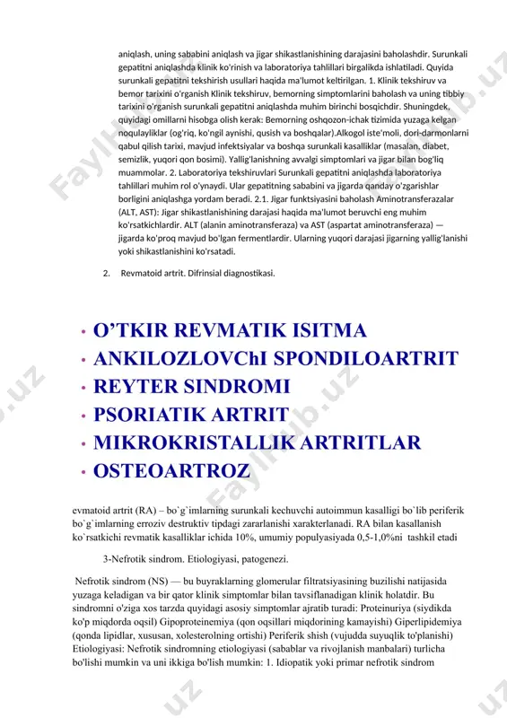 le holatlarida, ayniqsa buyraklarga zarar yetganida yoki boshqa organlarga ta'sir qilganda ishlatiladi.biologik preparatlarbelimumab (benlysta): sleda ishlatiladigan yangi biologik preparat bo'lib, u b hujayralarini inhibe qilish orqali immun tizimini boshqaradi.qo'llanishi: slening o'zgaruvchan va qiyin davrlarida, ayniqsa, steroidlarga chidamsiz bo'lgan bemorlarda qo'llaniladi.2. simptomatik davolashslening alomatlarini yengillashtirish uchun quyidagi dorilar va usullar qo'llaniladi:nonsteroid yallig'lanishga qarshi dorilar (nsaidlar)maqsadi: bo'g'imlardagi og'riq va yallig'lanishni kamaytirish, isitmani pasaytirish.qo'llanishi: bo'g'imlardagi og'riq va yallig'lanish belgilari bo'lgan bemorlarda ishlatiladi. biroq, ular faqat engil va o'rtacha sle holatlarida samarali.antimalarial dorilar (plaquenil, xidoklorokvin)maqsadi: slega xos bo'lgan teri va bo'g'im simptomlarini davolash, yallig'lanishni kamaytirish.qo'llanishi: plaquenil (gidroksixloroxin) sleda keng qo'llaniladi, chunki u immun tizimini tartibga solishga yordam beradi va kasallikning yallig'lanish bosqichlarini kamaytiradi. bu dori uzoq muddatda samarali va yomon ta'sirlari nisbatan kam.3. organning o'zgarishlarini oldini olishsleda yurak, buyrak, asab tizimi va boshqa organlar ta'sirlanishi mumkin. shu sababli, organlarning shikastlanishini oldini olish va ularni himoya qilish uchun qo'shimcha davolashlar qo'llaniladi.buoyraklarni himoya qilishangiotenzin konvertaz fermenti …