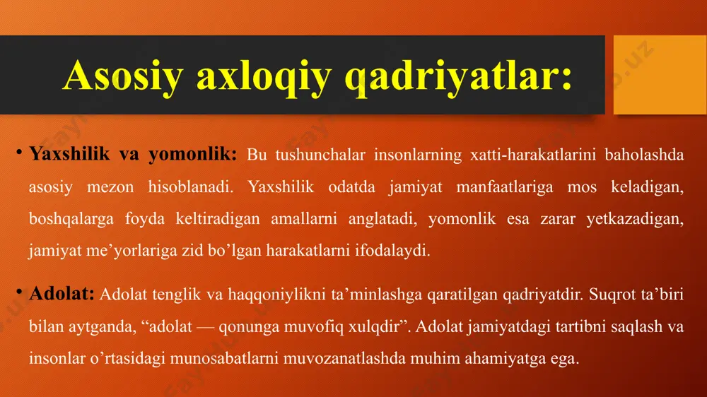ayon xonlik, amirlik, turli sulolalar, uruqlaro’rtasidagi urushlar, tinimsiz ziddiyatlar orqalikechdi, yahlit sivilizatsiyamizning hamjixatliginita`minlaydigan umumiy qadriyatlar tizimi darzketdi, qadrlash mezonlari ham bir qadar o’zgaraboshladi. falsafa tarixiga nazar dunyoning oltidan bir qismini egallab turgan mamlakatda qadrlashningumuminsoniy tamoyillarini barqaror qilish u yoqda tursin, haqiqiyqadriyatshunoslik nuqtai nazaridan tadqiqotlar olib borishga ham izn berilmasedi. faqat asrimizning 60-yillariga kelib, qadriyatlar muammosi ba`zimutahassislar tomonidan tahlil qilina boshlagan bo’lsa-da, 90-yillargachafalsafa darsliklarida alohida mavzu sifatida o’z o’rniga ega bo’lmadi. hukmronmafkuraning tarkibiy qismiga kirmaganligi, mavzularining juda kam tadqiqqilinganligi va nihoyatda oz ahamiyat berilganligidan mahsus falsafiytadqiqotlar sohasiga aylana olmadi. aksiologiya nomi bilan sobiq ittifoqdabirorta ham darslik yoki o’quv qo’llanmasi chop etilmagan, hattouniversitetlarning faylasuf, jamiyatshunos, tarihchi va boshqa ijtimoiymutahassislar tayyorlaydigan gumanitar bo’limlarida ham bu sohaga oidmahsus bilimlar berilmas edi. qadriyatlar tug’risidagi qarbda keng tarqalganaksiologiya fani rivojlangan mamlakatlarda inson qadri va haq-huquqlarigadoir ko’pgina tamoyillarning amaliyoti uchun nazariy asoslardan biri bo’lganilmiy sohalar qatoriga kiradi. etik qadriyatlarning ahamiyati etik qadriyatlar insonlarning xatti-harakatlarini tartibga soladi, jamiyatda …