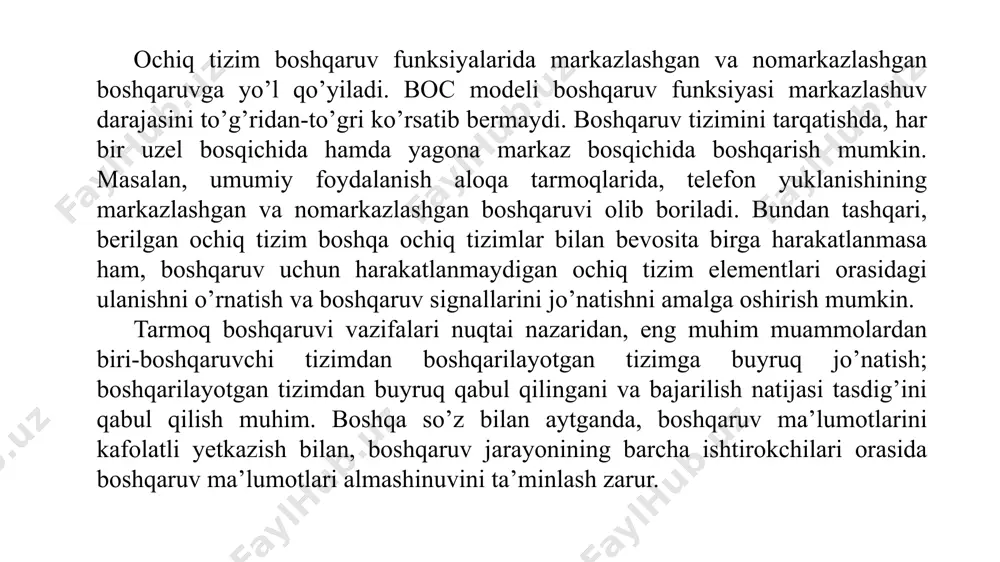 onasi ma’lumotlar zvenosi pog’onasi fizik pog’ona amaliy pog’ona ma’lumotni taqdim etish pog’onasi seans pog’onasi tarmoq pog’onasi transport pog’onasi ma’lumotlar zvenosi pog’onasi fizik pog’ona 7 6 5 4 3 2 1 7 6 5 4 3 2 1 ab pog’onasining maxsus protokollari ma’lumot almashinuvining normal protokollari multimedia tarmoqlarini boshqarish va jaxon elektraloqa siyosati. zamonaviy multimedia tizimlarining evolyutsiyasi va konvergentsiyasi. boshqaruv texnologiyalarini rivojlanish evolyutsiyasi. boshqaruv tizimi va elektraloqa tarmog’i o’zaro munosabati, bog’lanishi, muammo va masalalari. multimedia tarmog’ining boshqaruv tizimini qurilish tamoyillari. boshqaruv tizimlarni tashkil qiluvchi funktsional tizim ostilari va texnik vositalari. tarmoq resurslarini dinamik boshqaruvi. tarmoq resurslarini dinamik boshqarish tizimining vazifalari va tuzulishi. tarmoqninig texnik xizmat ko’rsatish tizimining vazifalari va tuzulishi. tarmoqning administrativ boshqaruv tizimining vazifalari va tuzulishi. tarmoq bopshqaruvini qo’llash tizimlari. dinamik boshqaruv tizim modellari va algoritmlari. marshrutizatsiya masalalari. axborot oqimlarini boshqarish masalalari. osi/iso modelining turli pog’onalarida oqimlarni boshqarish. boshqaruv tizimining modellari. administrativ boshqaruv tizimi modellari. administrativ boshqaruv tizimi, tushunchasi. itu-t,ietf …