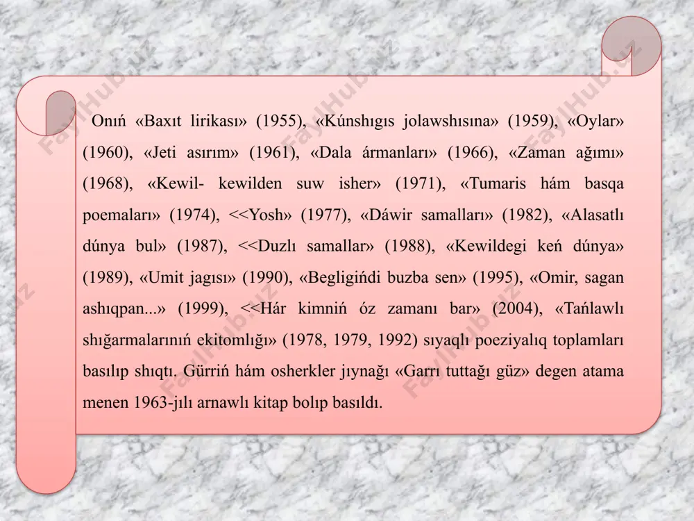 lirikasında kórkemlik izleniwshilik». nókis, 1992. j.narımbetov «sahra gúli». nókis, 2001. j.esenov «poeziya juldızı». nókis, 2003. j.bazarbaev «danalıǵı gózzallıqqa ulasqan shayır». nókis, 2008. paydalanılǵan ádebiyatlar: 1. allambergenov. k, orazımbetov.q, paxratdinov.á, bekbergenova, m “xx ásir qaraqalpaq ádebiyatı tarıyxı ii bólim” toshkent2018 2. allambergenov. k, paxratdinov.á, bekbergenova, m “xx ásir qaraqalpaq ádebiyatı tarıyxı”nókis qaraqalpaqstan 2011 dıqqatlarıńız ushın raxmet! image7.jpeg image8.png image9.jpeg image10.png image11.wmf image12.png image13.jpeg image1.wmf image2.png image3.png image4.png image5.png image6.jpeg