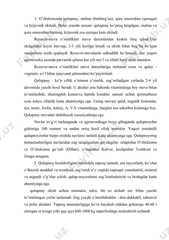 v bilan yaxshi ta’minlangan yerlar tanlanadi. eng yaxshi o’tmishdoshlar - don-dukkakli, sabzavot va poliz ekinlari. tuproq unumdorligiga ko’ra haydash oldidan gektariga 40-60 t chirigan ot tezagi yoki quy qiyi 600-1000 kg superfosfatga aralashtirib solinadi ko’chat o’tkazishdan oldin tuproq plug bilan kamida 30 sm chuqurlikda xaydaladi, begona o’tlarning ildizlari yig’ishtirib olinadi, dala puxta tekislanadi va egatlar olinadi. eng yaxshi ko’chat o’tkazish muddati - 1 iyuldan 15 avgustgacha, bundan kech ekilsa, hosil pasayadi, lekin issiq kunlar davom etganda sug’orib turilsa, kuzda ekilganda ham ko’chatlar yaxshi tutib ketadi. qulupnoy ko’chatlari 70-80-90 sm qator oralariga, shag’al qatlam yaqin joylashgan yerlarda 60 sm.li qator oralariga ekiladi. o’simliklar orasi 20-25 sm. ko’chatlar shu tartibda o’tkazilganda gektariga 44,4 dan 71,4 mingtagacha o’simlik joylashtiriladi. egatlar olishda va qator oralariga ishlov berishda dt-26, t-28 m (kon-2,8p) traktorlaridan foydalaniladi. qulupnoy ko’chatlarini o’tkazishdan oldin egatlarga 15-18 soat davomida suv okizib quyiladi. sof navli standart sog’lom qulupnay ko’chati - ildiz sistemasi yaxshi …