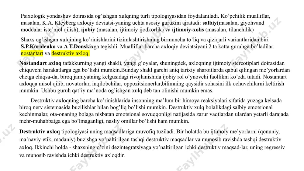 ga qarshi chiquvchi, ijtimoiy tartib va atrofdagi odamlar farovonligiga xavf soluvchi axloq. u qonun-chilik bilan taqiqlangan istalgan harakat yoki harakasizlikni o’z ichiga oladi. katta odamlar (18 yoshdan kattalar)da delinkvent axloq, ayniqsa, o’z ortidan jinoiy yoki fuqarolik javobgarligi va tegishli jazoni boshlab keluvchi qonunbuzarlik shaklida namoyon bo’ladi. o’smirlarda (13 yoshdan boshlab) delin-kvent axloqning quyidagi turlari ustunlik qiladi: bezorilik, mayda o’g’rilik, o’g’rilik, vandalizm, jismoniy zo’rlik, giyohvand moddalarni sotish. bola yoshida (5 yoshdan 12 yoshgacha) o’zidan kichik yoshdagi bolalar va tengdoshlariga nisbatan zo’ravonlik, hayvonlarga shafqatsiz munosabat, o’g’rilik, mayda bezorilik, mulkni buzish, undirish kabi shakllari birmuncha keng tarqalgan. og’ishgan xulqning uchta asosiy guruhini ajratamiz: asotsial axloq - bu shaxslararo munosabatlarning tinchligiga bevosita xavf soluvchi, axloqiy-ma’naviy me’yorlarni bajarishdan qochuvchi axloq. u tajovuz-kor axloq, jinsiy deviatsiya (tartibsiz jinsiy aloqalar, fohisha-bozlik, yomon yo’lga kirish, vuaerizm, eksgibisionlik va boshqalar), pulga azart o’yinlarga tortilish, daydilik, boqimandalik sifatida namoyon bo’ladi. o’smir yoshida uydan chiqib ketish, daydilik qilish, maktabga bormaslik yoki …