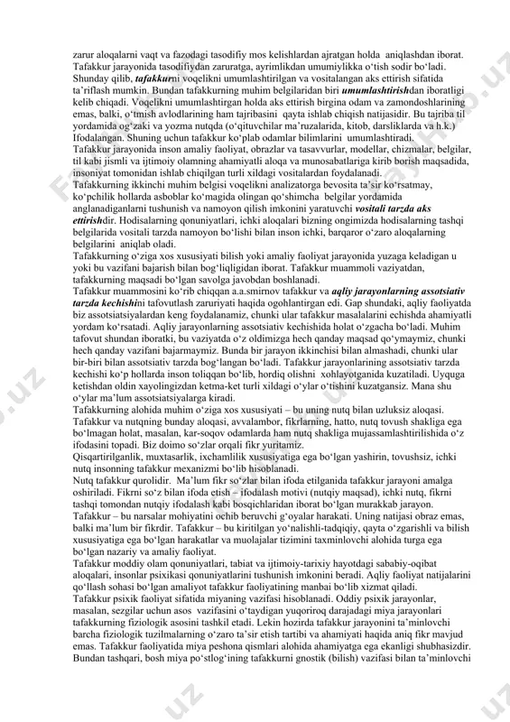 ga erishish uchun o‘rganadi. sezgi, idrok va tasavvurlar ixtiyorsiz diqqat va ko‘rgazma-obrazli xotira bilan hamkorlikda insonga aniq bir ob’ektlar va ularning bevosita o‘rganiladigan xossalari haqida ma’lumot beradilar. psixik aks ettirishning bu shakllari inson tomonidan ob’ektiv reallikni bilishning hissiyotli asoslaridir. lekin alohida jismlar va real olam hodisalarini bilish istalgan amaliy vazifani hal etishda yuzaga keladigan uch ahamiyatga ega bo‘lgan savolga javob topish uchun etarli emas. bu savollar: «yuaga kelgan vaziyatda nimani, qay tarzda bajarish mumkin, va bu harakat natijasida nima hosil bo‘ladi?»dan iborat. bu savollarga javob izlashda bizlarga tafakkur yordam beradi. avvalambor, tafakkur yuksak darajadagi bilish psixik jarayoni hisoblanadi. ushbu jarayonning mohiyati inson tomonidan voqelikning faol ijodiy aks ettirish va o‘zgartirishdan iborat. tafakkur bevosita idrokda anglaymaydiganlarni ochib beradi; u olamni ahamiyatli aloqalar va munosabatlarda, uning turli xildagi vositalarida aks ettiradi. tafakkurning asosiy vazifasi real bog‘liqliklarga asoslangan zarur aloqalarni vaqt va fazodagi tasodifiy mos kelishlardan ajratgan holda aniqlashdan iborat. tafakkur jarayonida tasodifiydan …