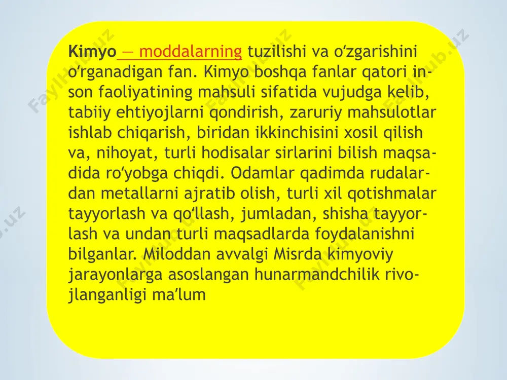 rtlari kimyo laboratoriyalarida olib borilayotgan ilmiy tadqiqot ishlari mamlakatimizda kimyo fanini yuqori pogʻonalarga koʻtarishda muhim omillardan boʻldi. halokatlar sodir bo‘lganda muhim va-zifalardan biri ishlab chiqarish korxonasi va aholi yashash punktlariga xavf haqidagi xabarni yetkazish hisoblanadi. shuningdek, ob’ektning har bir ishchi, xodimi halokat sodir bo‘lganda ogohlantirish vositalaridan foydalanish va tegishli tashkilotlarga xabar berishni bilishi zarur. silikatlar kimyosi va texnologiyasi sohasida i. s. kansepolskiy tomonidan tabiiy kuygan tuproq (gliyej)larni portladsementga qoʻshimcha sifatida qoʻllash, sement korrozitsiyasi va oʻnga qarshi kurash choralarini izlashga doir tadqiqotlar olib borildi. fosfogipsning kalsiy alyuminatlari bilan reaksiyalari oʻrganildi, mahalliy xom ashyolar asosida sulfoalyuminatbelitli sement olindi, kam energiya sarflab sement olish texnologiyasi ishlab chiqildi e’tiboringiz uchun rahmat ! image1.png image2.png image3.png image9.png image10.png image4.png image5.png image6.png image11.png image12.png image13.jpeg image14.jpeg image15.jpeg image16.png image17.jpeg image18.png image19.png image20.jpeg image21.png image22.jpeg