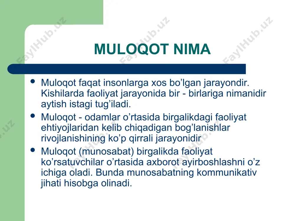 uchun qiziqarli bo’lmasa suhbatdoshingizga buni bildira olasizmi? suhbatdoshingiz sizni tinglamayotganini sezsangiz jahlingiz chiqadimi? sizni har qanday masala yuzasidan o’z shaxsiy fikringiz bormi? suhbat mavzusi siz uchun notanish bo’lsa suhbatni davom ettirasizmi? siz hammaning nigohida, diqqat markazida bo’lishni yoqtirasizmi? siz yetarli darajada bilimga ega bo’lgan kamida uchta predmet asosini egallaganmisiz? o’zingizni dilkash deb hisoblaysizmi? testning kaliti “ha”-1, 2, 3, 6, 7, 8, 9, 10, 11; “yo’q- 4, 5.har bir javob 1 ball. 1-3 : siz bilan muloqotda bo’lish har doim ham yoqimli emas, hatto ba’zida bu jarayon juda og’ir kechadi. 4-9 : siz boshqalar uchun yoqimli suhbatdoshsiz, ammo kayfiyatingizga ko’p narsa bog’liq. 10-11 : siz muloqot jarayonida juda yoqimli suhbatdoshsiz, ammo uni juda oshirib yubormang.