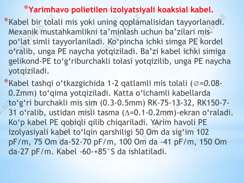 ishqor va tuzlar ta’sir etmaydi. bu esa izolyatsiyasi va qobig‘i polivinilxlorid plastikati asosida bo‘lgan kuchli kabellarni agressiv muhitli havo, yer va boshqa sharoitlarda yaxshi ekspluatatsiyasini ta’min etadi. shu bilan bir qatorda polivinilxlorid plastikati dixloretan, benzol, ba’zi organik erituvchi va spirtlarga chidamliligini ta’minlaydi. sanoatda keng miqyosda qo‘llaniladigan polivinilxlorid plastikatli izolyatsiya va qobig‘iga ega kuchli kabelning eng asosiy xususiyati olovga bardoshliligi bo‘lib, sinov paytida alanga olib tashlaganidan so‘ng, kabelning o‘z-o‘zidan so‘nishi hisoblanadi. bunday xususiyatga ega polivinilxlorid plastikat izolyatsiyali va shlangli kabellarda alanga tarqalmaydi. demak, asosiy ko‘rsatkich – alanga olib tashlanganda so‘nish vaqtining davomiyligidir. so‘ngi ma’lumotlarga asosan materiallar yonuvchanligi kislorod indeksi va solishtirma yonish issiqligi ko‘rsatkichlari bilan ifodalanadi. 9 quyidagi jadvalda sintetik materiallar yonuvchanlik ko‘rsatkichlarining asosiy xarakteristikalari keltirilgan. sintetik materiallar yonuvchanlik ko‘rsatkichi kabel tayyorlanish jarayonida, uning qobig‘i asosida, izolyatsiya sirtida yoki belbog‘ izolyatsiya ostida maxsus bildiruv tasmasi yoki plastmassa (rezina) qobig‘ining har 300 mm da ishlab chiqaruvchi korxonasining farqlanuv indeksi va kabel ishlab …