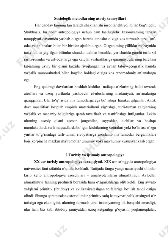 rni primitiv (ibtidoiy) va svilizasiyalashgan toifalariga bo‘lish tanqi ostiga olindi. shunga qaramasdan qator olimlar primitiv xalq ham yevropaliklar singari o‘z tarixiga ega ekanligini, ularning turmush tarzi insoniyatning ilk bosqichi emasligi, ular ham biz kabi ibtidoiy jamiyatdan uzoq ketganligi g‘oyasini yoqlamoqdalar. ularni primitiv deb atashning to‘g‘ri tomoni ushbu jamiyatlarning o‘z tarixida atrof – muhit, tabiatga nisbatan o‘zgacha munosabat o‘rnatganidir. shu tarzdagi qarash nemis etnologi rixard turnvald tomonidan ham bildirilgan. u “ibtidoiy xalq tushunchasini taxlil etar ekan shunday yozadi “bir omil ayniqsa muhimdir: bu tabiatni qanday qurollar, moslamalar, mahorat va bilimlar asosida bo‘ysundirishdir. “ibtidoiy deb atrof-muhit, tabiat haqida kam bilimga ega bo‘lgan, oziq topish v hayotini ta’minlash uchun eng sodda qurollardan foydalangan qabilalarni aytish mumkin”. (17b). yuqoridagi qarashlardan kelib chiqib ayrim olimlar fanda “ibtidoiy xalqlar” atamasini qoldirishni, u orqali tabiatga nisbatan suistemol munosabatda bo‘lmasdan ijtimoiy muvozanatni saqlab qolgan xalqlarga nisbatan qo‘llashni taklif qilishgan. olimlarning boshqa bir guruhi esa “ibtidoiy xalqlar” atamasini taomildan …
