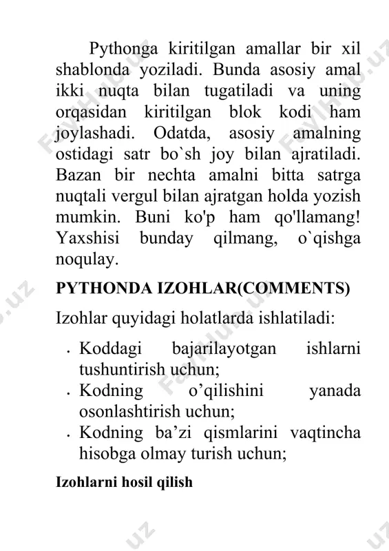 sintaksisi python tili perl, c va java kabi ko’p o’xshashliklarga ega. biroq, tillar orasida aniq farqlar mavjud. ushbu maqola pythonda kutilgan sintaksisni tezlik bilan tezlashtirish uchun mo’ljallangan. 3.dasturlash tili sintaksisi birinchi python dasturi: interaktiv rejimda dasturlash: skript faylini parametr sifatida o’tkazmasdan tarjimonni chaqirish uchun quyidagi buyruqni teriladi: $ python python 2.4.3 (#1, feb 03 2018, 13:34:43) [gcc 4.1.2 20080704 (red hat 4.1.2-48)] on linux2 type "help", "copyright", "credits" or "license" for more information. >>> python buyrug’ining o’ng tomonidan quyidagi matnni kiriting va enter tugmasini bosing: >>> print "salom, python!"; agar siz pythonning yangi versiyasini ishlatayotgan bo’lsangiz, bosib chiqarilgan so’zni print(«salom, python!»); kabi parantez bilan ishlatish kerak bo’ladi. biroq python versiyasi 2.4.3 da quyidagi natijalar beradi: salom, python! tarjimonni skript parametri bilan chaqirish skriptni bajarishni boshlaydi va skript tugaguniga qadar davom etadi. buyruq fayli tugagach, tarjimon faol bo’lmaydi. biz oddiy python dasturini kodini yozaylik. barcha python fayllari kengaytmasi bo’ladi .py . …