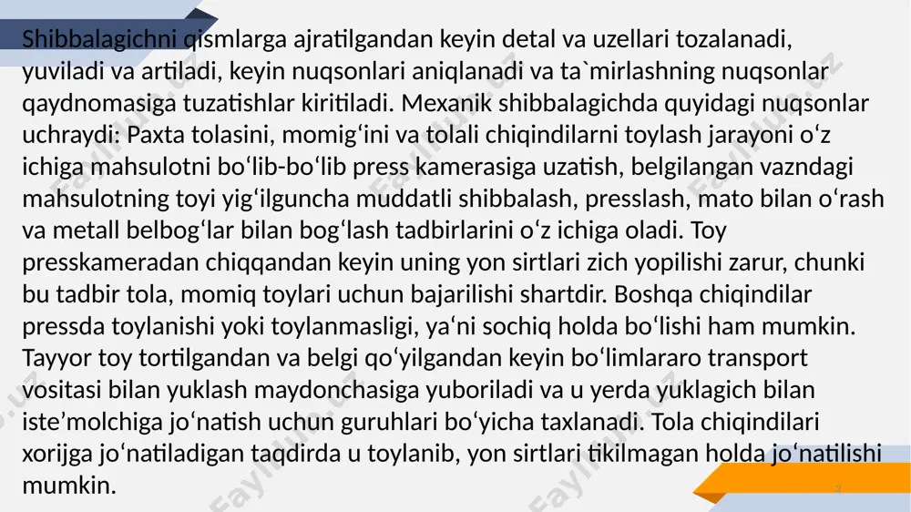 rdamida joylashtirilgan paleslarga uzatiladi va buning natijasida porshen o‘z o‘qi bo‘yicha yuqoriga va pastga harakatlanishi natijasida press yashigiga o‘zatilib berilayotgan tolani ma‘lum miqdordagi zichlikkacha shibbalanib so‘ng presslash uchun uzatiladi. b-374a rusumli pressning utv markali mexanik shibbalagichining kinematik sxemasi 24.4-rasmda ko‘rsatilgan. © presentationgo.com by: .com shibbalagich porsheni o‘z o‘qi bo‘ylab yuqoriga va pastga bir tekis harakatlanishi uchun staninaga 7 o‘rnatilgan yo‘naltiruvchi remenlar 6 yordam beradi. shibbalagich porshenini eng pastki nuqtasidan yuqoriga ko‘tarilish paytida esa porshenining yuqori qismiga joylashtirilgan qisish prujinali amartizatori yordam beradi. mexanik shibbalagichni ekspluatasiya qilish davrida sodir bo‘ladigan nosozliklarga asosan ishchi valga mustahkamlangan shesterna tishlarining sinishi, porshenni yuqoriga va pastga harakatlantiruvchi paleslarning yeyilishi va sinishidir, asosiy ishchi qismlardan biri bo‘lib uning ishlash tartibi quyidagicha. gidravlik nasoslar yordamida uzatib berilgan ishchi nosozliklarni kelib chiqishiga asosiy sabab press yashigiga me’yordan ortiqcha bo‘lgan tolaning uzatilishi va uzatilayotgan tolaning namligi 5,5-6,0 foizdan kam bo‘lishidir. © presentationgo.com by: .com 7 me’yordan ortiq tola uzatilishi …