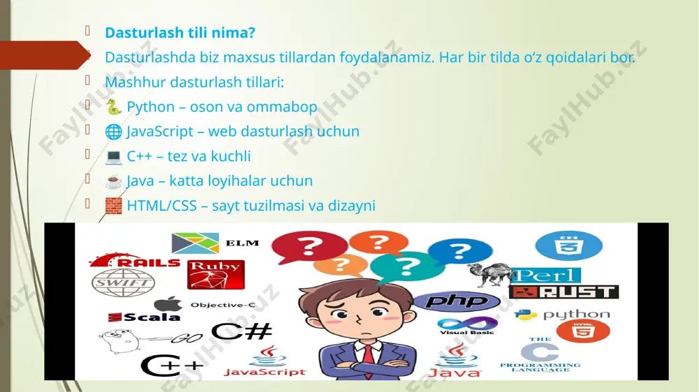 iz mumkin. ko‘proq ko‘nikmalarni mustahkamlash va boshqalarning usullarini ko‘rish uchun ajoyib. 🔰 kimlar uchun: boshlovchilar va o‘rta darajadagi dasturchilar. python, javascript va boshqa mashhur tillar uchun mavjud. hackerrank 🎯 nima uchun foydali: dastlabki bilimlardan boshlab o‘rganish mumkin. har bir bo‘limda tushuncha + amaliy mashqlar. "problem solving", "python", "sql", "data structures" va boshqalar bor. kimlar uchun: yangi boshlovchilar, o‘rganishni yangi boshlayotganlar. kompaniyalar uchun intervyu platformasi sifatida ham ishlatiladi. tavsiya: agar siz endi o‘rganishni boshlayotgan bo‘lsangiz, quyidagicha ketma-ketlikni tavsiya qilaman: 🔰 hackerrank — asoslarni o‘rganish va mashq qilish ⚙️ codewars — amaliyotni kuchaytirish 🧠 leetcode — intervyuga tayyorlanish yoki murakkab masalalar versiya nazorati (git) kodlar ustida ishlaganda gitni o‘rganing. github profili orqali o‘z loyihalaringizni saqlashingiz mumkin. versiya nazorati (version control) — bu nima? versiya nazorati bu — dasturiy loyihangizdagi o‘zgarishlarni vaqt o‘tishi bilan kuzatish va boshqarish tizimi. ya’ni, siz loyihada biror narsa o‘zgartirsangiz, bu o‘zgarishlar tarixda saqlanadi, istagan vaqtda orqaga qaytishingiz mumkin. …