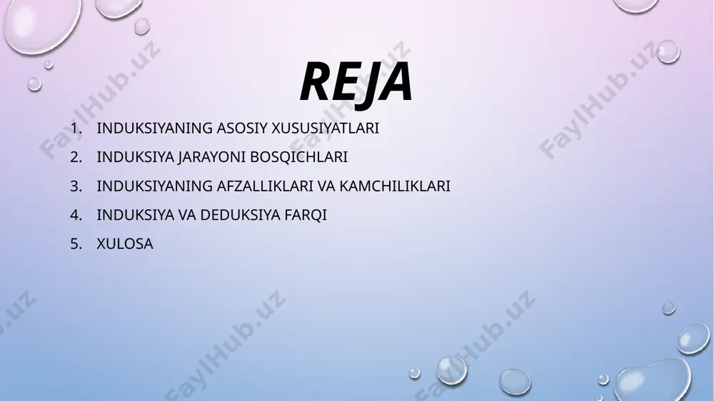 uchun obyektiv haqiqatni bilishda i. doim deduksiya bilan mustahkam aloqada boʻladi induksiya tushunchasi mantiq fani inson tafakkurining qonuniyatlarini o‘rganadi. mantiqiy xulosa chiqarishning uch turi mavjud: 1. deduksiya (umumiydan xususiyga); 2. induksiya (xususiydan umumiyga); 3. analogiya (o‘xshashlik asosida xulosa) induksiya – xususiy kuzatishlar va tajribalar orqali umumiy xulosalarga kelish usuli. . formal mantiq tog’ri tafakkur shakllari va qonunlarini o’rganuvchi falsafiy fan bo’lib, tafakkurning strukturasini fikrning konkret mazmuni va taraqqiyotidan chetlashgan holda, nisbatan mustaqil ravishda olib o’rganadi. uning diqqat markazida muhokamani to’g’ri qurish bilan bog’liq qoidalar va mantiqiy amallar yotadi. biz o’rganadigan fan formal mantiqdir. dialektik mantiq formal mantiqdan farqli o’laroq, tafakkurni uning mazmuni va shakli birligida, hamda taraqqiyotida olib o’rganadi. matematik mantiq esa tafakkurni matematik metodlar yordamida tadqiq etadi. u hozirgi zamon matematikasining muhim yo’nalishlaridan biri bo’lib, tafakkurni mantiqiy hisoblash deb ataladigan yuqori darajada abstraktlashgan va formallashgan sistemada tahlil qiladi. keng ma’noda mantiqni tafakkur shakllari va qonunlarini o„rganuvchi fan, deb atash …