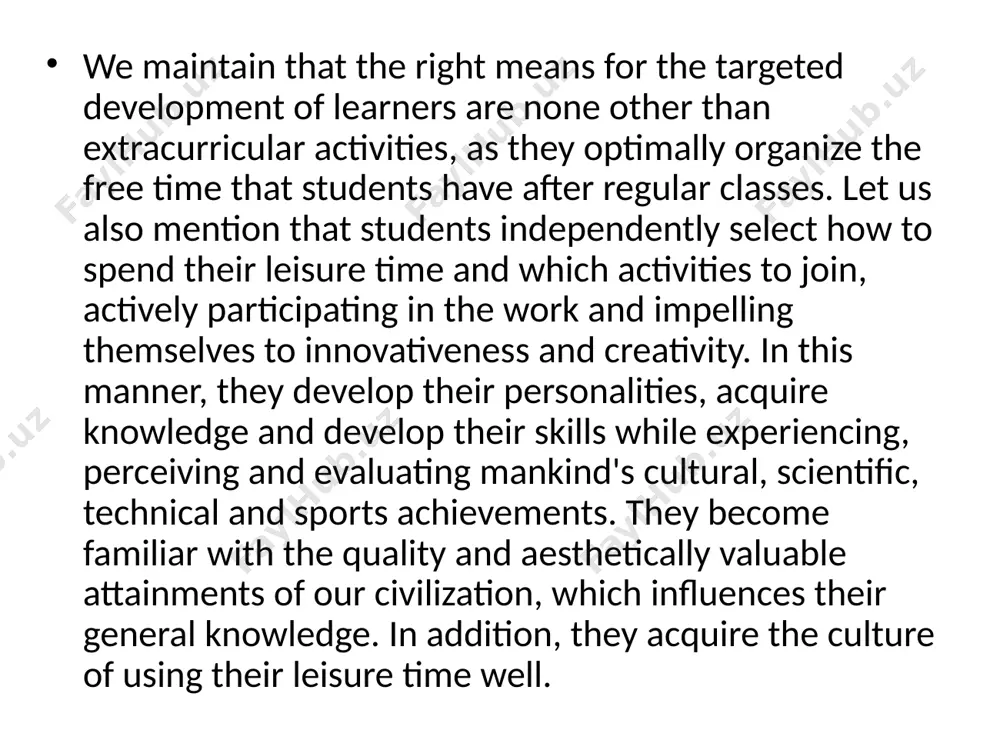 s. the teacher's knowledge, abilities and experience are brought forward in his work on informing, orienting, planning, organizing and conducting extracurricular activities with students. the pedagogical role of a teacher involved in extracurricular activities is manifested in assisting, inciting, coordinating, counseling, teaching and directing learners towards a correct, cultured and rational usage of leisure time. in everyday life and, in particular, in the area of education, the importance of giving significance to lifelong learning and development is incessantly stressed. professional development is based on the constructivist learning theory model. it is a continuous, long-term process tuned to the needs of everyday lessons and learning. this process presupposes continuous support from the system and the self-evaluation of teachers who explore their own practice and deliberate upon it. a professional teacher, an interested group of students, a classroom equipped with adequate means and aids, investing effort into an activity, and also the …