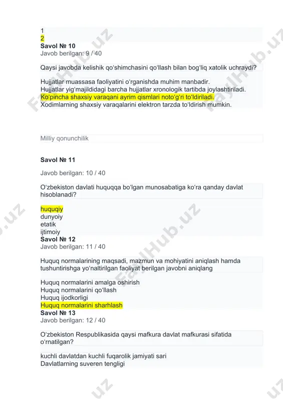 timoiy adolat mutanosiblik savol № 19 javob berilgan: 18 / 40 davlat organlarining yoxud ularning mansabdor shaxslarining qonunga xilof qarorlari va harakatlari tufayli kishilarga yetkazilgan zararning o‘rnini kim qoplaydi? qoplab berilmaydi deputatlar hisobidan qoplab beriladi shaxsning o‘zi qoplaydi davlat qoplaydi savol № 20 javob berilgan: 19 / 40 o‘zbekiston insonlar qanday holatlarda ijtimoiy nafaqa olish huquqiga ega? 1) o'qiyotgan vaqtda 2) kasodga uchraganda 3) mehnat qobiliyatini yo'qotganda 4) ishsizlikda 5) boquvchini yo'qotganda 6) yangi uyga ko'chganda 1, 3, 5 3, 4, 5 1, 2, 6 2, 4, 6 axborot kommunikatsiya texnologiyalari savol № 21 javob berilgan: 20 / 40 matnlar taxrirlovchisi ko'p amalli dasturdan iborat matn muharriri nima? microsoft word 97 microsoft oce 97 excel microsoft 79 savol № 22 javob berilgan: 21 / 40 microsoft word dasturining eng so‘nggi versiyalarida qaysi yangi imkoniyatlar mavjud? hujjatlarni faqat chop etish imkoniyati. faqat rasm qo‘yish imkoniyati. yalpi matindan foydalanish imkoniyati. bulutli saqlash …