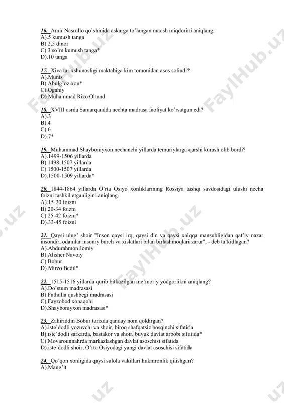 asoschisi sifatida d).iste’dodli shoir, o’rta osiyodagi yangi davlat asoschisi sifatida 24. qo’qon xonligida qaysi sulola vakillari hukmronlik qilishgan? a).mang’it b).qo’ng’irot c).ming* d).nayman 25. "qo’qondan farg’onagacha" o’zbek tilidagi ilk sayohatnoma muallifini aniqlang. a).zavqiy b).muqimiy* c).furqat d).anbar otin 26. quyidagi qaysi hukmdor bozorda qo’lga o’rgatilgan hayvon o’ynatganlik uchun ham soliq joriy etgan? a).xudoyorxon* b).amir nasrullo c).amir olimxon d).umarxon 27. namangan shahri qayerda bunyod etilgan? a).axsikent shahri o’rnida b).norin daryosi bo’yida c).yangiariq kanali bo’yida d).tuz koni yaqinida* 28. "boburnoma" da "oshligi vofir, mevasi farovon, qovun va uzumi yaxshi bo’lur" deb qaysi shahar haqida ma’lumot berilgan? a).qobul b).samarqand c).agra d).andijon* 29. qaysi hukmdor davrida samarqand qayta tiklanib obodonlashtirish ishlari olib borilgan? a).amir temur b).amir mironshoh c).amir shoxmurod* d) mirzo ulug’bek 30. 1620-1675 yillarda rossiyadan o’rta osiyo xonliklariga necha marta elchilar yuborilgan? a).to’rt* b).besh c).olti d).yetti 31. markaziy osiyo hukmdorlaridan qaysi biri yollanma qo’shin boshlig’idan xon darajasiga ko’tarilgan? a).abdullaxon ii b).amir temur c).muhammad shayboniy* d).muhammad …