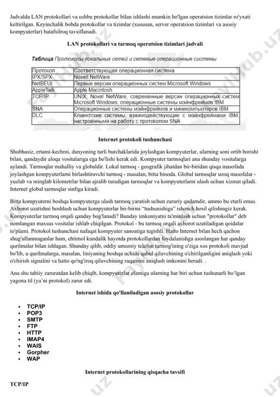 kirishni tartibga soladi, mchj (logical link control) tarmoq darajasida xizmat ko'rsatadi. kalitlar va ko'priklar bu darajada ishlaydi. dasturlashda bu daraja tarmoq kartasi drayverini ifodalaydi, operatsion tizimlarda kanal va tarmoq darajalarining bir-biri bilan o'zaro ta'siri uchun dasturlash interfeysi mavjud, bu yangi daraja emas, balki shunchaki ma'lum bir ot uchun modelni amalga oshirish. . bunday interfeyslarga misollar: odi, ndis fizik qatlam (fizik qatlam). modelning eng past darajasi to'g'ridan-to'g'ri ma'lumotlar oqimini uzatish uchun mo'ljallangan. elektr yoki optik signallarni kabel yoki radioga uzatishni va shunga mos ravishda ularni qabul qilish va raqamli signallarni kodlash usullariga muvofiq ma'lumotlar bitlariga aylantirishni amalga oshiradi. boshqacha qilib aytganda, u tarmoq tashuvchisi va tarmoq qurilmasi o'rtasidagi interfeysni ta'minlaydi. bu darajada konsentratorlar (markazlar), signalning takrorlagichlari (takrorlagichlari) va media konvertorlari ishlaydi. jismoniy qatlam funktsiyalari tarmoqqa ulangan barcha qurilmalarda amalga oshiriladi. kompyuter tomonida jismoniy qatlam funksiyalari tarmoq adapteri yoki ketma-ket port orqali amalga oshiriladi. asosan tcp/ip protokolidan foydalaniladi ta'rifi: transmissiyani boshqarish protokoli/internet …