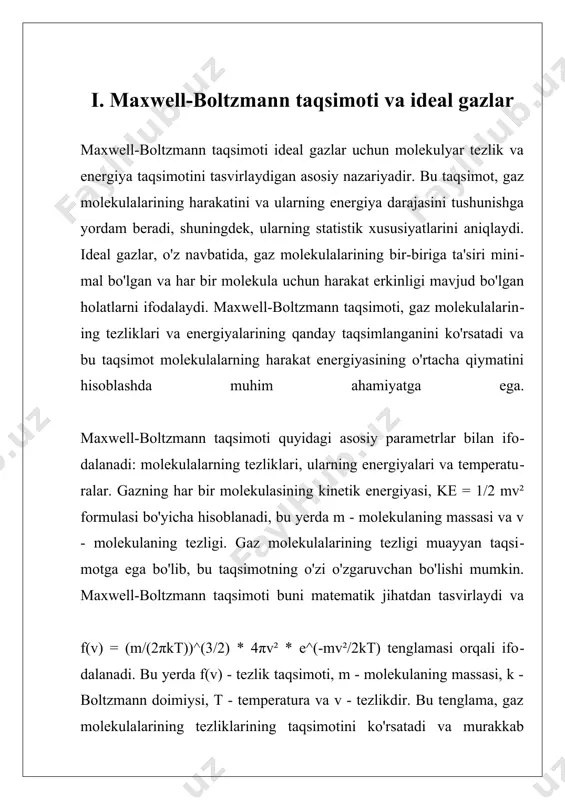 n. gaz harorati oshib borishi bilan taqsimotning o'rtacha tezligi va energiyasi ham oshadi. o'rtacha kinetik energiya esa quyidagi formula orqali aniqlanadi: ke_avg = (3/2)kt bu yerda ke_avg - o'rtacha kinetik energiya, k - boltzmann doimiysi, t - haroratdir. bu formula ideal gazlar uchun keng qo'llaniladi va gazning harorati oshgan sari molekulalarning o'rtacha energiyasi ham oshishini ko'rsatadi. ideal gazlarning energiya taqsimotini hisoblash usullari turli xil matematik va statistik metodlarni o'z ichiga oladi. bunday usullar gaz molekulalarining tezliklari va energiyalari o'rtasidagi munosabatlarni tushunishga yordam beradi. birinchi navbatda, gazning haroratini aniqlash kerak, bu esa ideal gaz qonunidan kelib chiqib amalga oshiriladi: pv = nrt. bu yerda p - bosim, v - hajm, n - mol soni, r - gaz doimiysi, t - haroratdir. bundan tashqari, ideal gazlar uchun o'rtacha tezlik va energiya taqsimoti hisoblanayotganda, molekulalar sonining ko'payishi va turli haroratlar o'zaro ta'sirini hisobga olish lozim. bunday hisob-kitoblar odatda kompyuter simulyatsiyalari orqali amalga oshiriladi, …