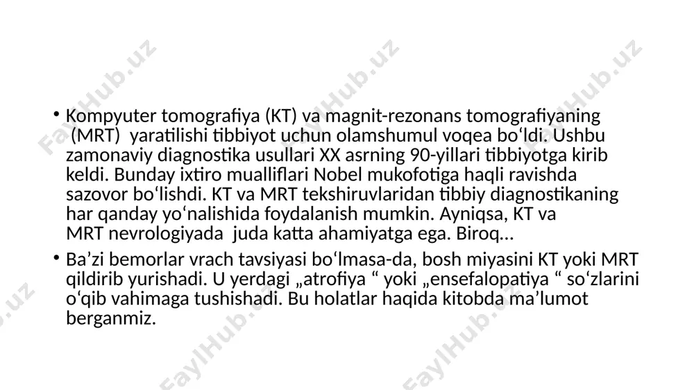 nidan beri kt skanerlash koʻp qirrali tasvirlash usuli ekanligini isbotladi. kt tibbiy diagnostikada eng koʻp qoʻllanilsa-da, u tirik boʻlmagan obyektlarning tasvirlarini yaratish uchun ham ishlatilishi mumkin. 1979-yilda fiziologiya yoki tibbiyot boʻyicha nobel mukofoti (https://uz.m.wikipedia.org/wiki/fiziologiya_va_tibbiyot_bo%ca%bbyicha_nobel_mukofoti) janubiy afro-amerikalik fizik allan makleod kormak (https://uz.m.wikipedia.org/wiki/allan_mcleod_cormack) va britaniyalik elektrotexnika muhandisi godfrey xounsfildga (https://uz.m.wikipedia.org/wiki/godfrey_hounsfield) „kompyuterli tomografiyani rivojlantirish uchun“ birgalikda berildi.[3] (https://uz.m.wikipedia.org/wiki/kompyuter_tomografiyasi#cite_note-3) elektron x-nurli tomografiya elektron nurli tomografiya (ebt) ktning oʻziga xos shakli boʻlib, unda etarlicha katta rentgen trubkasi qurilgan boʻlib, faqat rentgen trubkasining katodi va anodi (https://uz.m.wikipedia.org/wiki/anod) oʻrtasida harakatlanadigan elektronlar (https://uz.m.wikipedia.org/wiki/elektron) dastasi burilish gʻaltaklari yordamida aylantiriladi. .[7] (https://uz.m.wikipedia.org/wiki/kompyuter_tomografiyasi#cite_note-7) ushbu tur skanerning katta afzalligi bor, chunki skanerlash tezligi ancha tezroq boʻlishi mumkin, bu yurak va arteriyalar kabi harakatlanuvchi tuzilmalarni sifatli tasvirlash imkonini beradi.[8] (https://uz.m.wikipedia.org/wiki/kompyuter_tomografiyasi#cite_note-8) ushbu dizayndagi skanerlar yigiruv trubkasi turlari bilan solishtirganda kamroq ishlab chiqarilgan, bu asosan rentgen trubkasi va detektor majmuasini qurish bilan bogʻliq yuqori xarajat va cheklangan anatomik qamrov tufayli.[9] (https://uz.m.wikipedia.org/wiki/kompyuter_tomografiyasi#cite_note-9) ikki energiyali kt spektral …