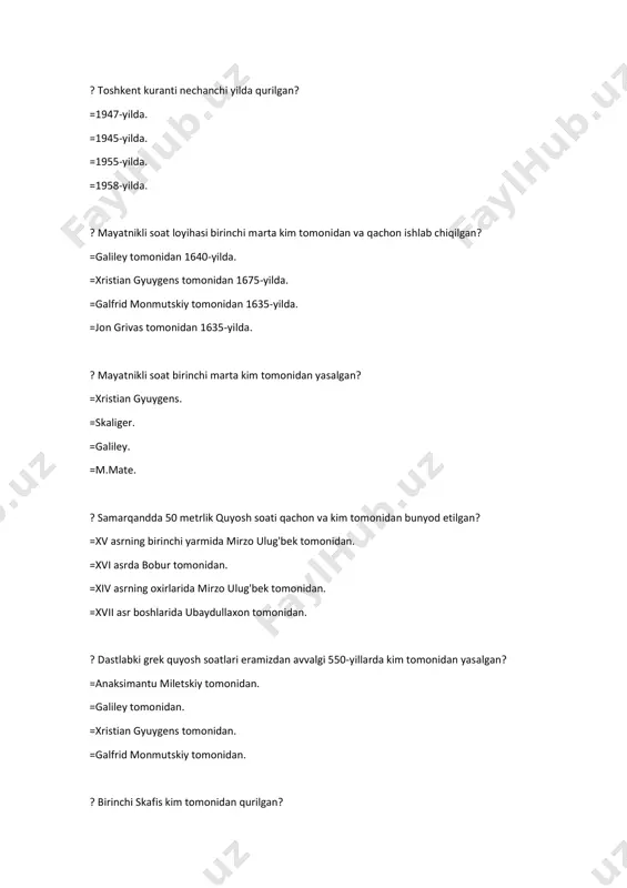 lishgan va u qanday nomlangan? =«marsedonius». =«martius». =«augustus». =«yanuarius». ? yulian kalendari tropik yildan qancha vaqt uzun? =11 minut 14 sekund. =10 yarim sutka. =14 minut 12 sekund. =2 soat 11 sekund. ? er.avv. 8-asrda rimda keng tarqalgan kalendar nomi? =romul kalendari. =yulian kalendari. =grigoriy kalendari. =sezar kalendari. ? rimliklar qaysi sonlarni baxtsiz sonlar deb hisoblashgan? =juft sonlarni. =toq sonlarni. =qoldiq sonlarni. =butun sonlarni. ? er.avv. 153-yildan boshlab rim konsullari o‘z xizmat vazifasini qaysi oydan boshlar edilar? =yanvar oyidan. =mart oyidan. =dekabr oyidan. =aprel oyidan. ? olimpiya o'yinlarining 86 yilligiga bag‘ishlangan tantanalarda afinaning markaziga nima o‘rnatilgan? =parapegma. =zevs haykali. =globus. =olimpiyada ramziy halqalari. ? rim kalendarida tayanch kunlar nechta va ular qanday nomlangan? =3 ta kalenda, none, id. =2 ta marsedonius, sekstilis. =3 ta none, februarus. mavus. =4 ta kvintilis, salivat. soka. november. ? romul kalendarida bir yil necha kundan iborat bo’lgan? =304 kundan. =365 kundan. =307 kundan. =366 kundan. …