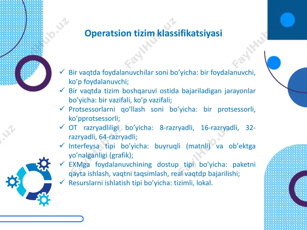 un kabi katta kompaniyalar unga koʼpmillionli investitsiya qilmoqda. linuxning asosi unix ot ga oʼxshaydi. unix ot birinchi otlardan biri boʼlib texnik nuqtai nazardan eng mustahkam va himoyalangan hisoblanadi. аmmo asosiy sabab bu emas. eng asosiy sabab — boshqalardan, masalan windows yoki unixdan farqi linux bitta kompaniya yoki shaxsga tegishli emas. uning egasi— hamma. solaris operatsion tizimi solaris operatsion tizimi – sun microsystems korporatsiyasi tomonidan taklif qilingan unix operatsion tizimining rusumi. solaris simmetrik multiprotsessorli ish bajaradi, tasvirlar bilan ishlash vositalariga ega, maʼlumotlar xavfsizligini taʼminlaydi. tizim internet tarmogʼi, elektron pochta, shu jumladan, nutqiy pochta, faksimil aloqa bilan oʼzaro ishlay oladi. yuqori unum va masshtablanuvchilik xususiyatlariga ega. mac os operatsion tizimi mac os operatsion tizimi - kompaniyasi tomonidan shaxsiy kompьyuterlar uchun taklif qilingan operatsion tizimlar oilasidir. mac os faqatgina apple kompaniyasi tomonidan ishlab chiqariladigan macintosh kompyuterlari uchun moʼljallangan boʼlib, uni birinchi avlodi 1984 yilda yaratilgan. mac os operatsion tizimlarining boshqa operatsion tizimlaridan farqi …