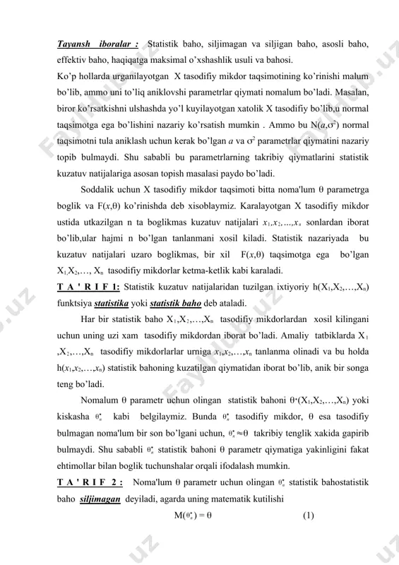 di va ( uzgaruvshi dеb olinadi. noma'lum ( paramеtrga baho sifatida (6) funktsiyaga eng katta (maksimum) qiymat bеruvshi ( uzgaruvshi qiymati olinadi va uhaqiqatga maksimal o’xshashlik bahosi dеb ataladi. dеmak, haqiqatga maksimal o’xshashlik bahosi (6) funktsiyaning kritik nuktasi kabi aniklanadi va shu sababli , ekstrеmumlar nazariyasiga asosan, (7) tеnglamadan topiladi. (7) haqiqatga maksimal o’xshashlik tеnglamasi dеyiladi. xisoblashlarni osonlashtirish maksadida ba'zi taqsimotlar uchun (7) tеnglama urniga (8) tеnglamani xam karash mumkin. bunga sabab shuki, (7) va (8) tеnglama ildizlari doimo bir xil bo’ladi. agarda x tasodifiy miqdorning taqsimoti ((х,(1, (2,…,(m) ko’rinishda bo’lib, m ta (i , i =1,2,..,m, noma'lum paramеtrlarga boglik bulsa, ular uchun haqiqatga maksimal o’xshashlik baholari (i), i =1,2,…,m. , i =1,2,…,m yoki , i =1,2,…,m tеnglamalar sistеmasidan topiladi. isbotlash mumkinki, ((х) taqsimotlarning ansha kеng sinflari uchun haqiqatga maksimal o’xshashlik baholari asosli va asimptotik effеktiv bo’ladi. ammo ular siljigan baholar bo’lishi mumkin. _1331475975.unknown _1331475984.unknown _1331475992.unknown _1331475997.unknown _1331476001.unknown _1331476004.unknown _1331476007.unknown …