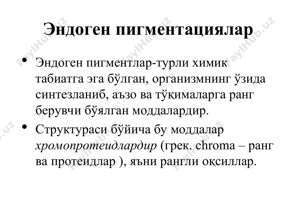 atoksilin va eozin bilan bo'yalganda gemosiderin qo'ng'ir rangdagi donachalar ko'rinishida bo'ladi. endogen pigmentatsiyalar gemosiderin — xujayra ichi pigmenti. uning sintezi sideroblast xujayralarining siderosomalarida amalga oshadi. ba'zan gemosiderin sideroblastlarda shu darajada ko'p to'planadiki, xujayra xatto yorilib ketadi. shunda gemosiderin stromada erkin xolda paydo bo'ladi. bunday xolatlarda gemosiderinlarni makrofaglar fagotsitoz qiladi va siderofaglarga aylanadi endogen pigmentatsiyalar bilirubin — gemolizning oxirigi maxsuli. xosil bo'lgan maxsulot qondagi albumin bilan birikib, jigarga keladi va pigmentni sintezi yakunlanadi. maxsus retseptorlarga ega bo'lgan gepatotsitlar bilirubinni qamrab oladi va glyukuroniltransferaza sistemasi fermentlai yordamida konyugatsiyalaydi. bilirubin konyugatlari o'q kapillyarlariga o'tadi va shu tariqa bilirubin o'tning asosiy pigmentiga aylanadi. endogen pigmentatsiyalar gematoidin, bu pigment tarkibida temir moddasi bo'lmaydi. ximiyaviy tarkibi bo'yicha bilirubinga yaqin turadi qizg'ish kristallar ko'rinishida bo'ladi. eritrotsitlar va gemoglobinni parchalanishidan xosil bo'ladi. gemosiderin kabi xujayra ichi pigmenti bo'lsada, xujayra nobud bo'lgandan so'ng nekrotik massalar orasida aniqlanadi. endogen pigmentatsiyalar gematinlar, oksigemoglobin gidrolizidan hosil bo'ladi va gemning oksidlangan shakli xisoblanadi. …