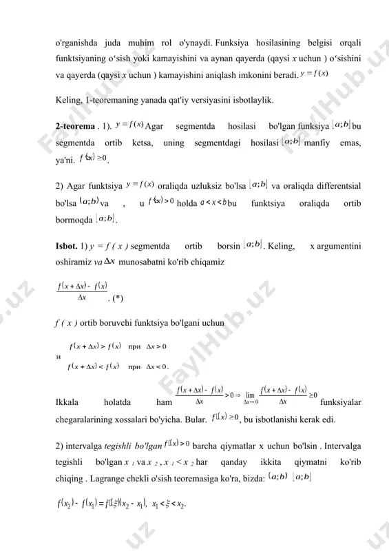uning kritik nuqtalari to`plamidir. · funksiya ekstremumi zaruriy shartini qanoatlantiruvchi har bir kritik nuqta uning ekstremum nuqtasi bo`lavermaydi. masalan, у = x3 funksiya r da monoton o`suvchi, chunki (x3)` ≥0, x€r. x = 0 nuqta esa uning kritik (statsionar) nuqtasi chunki y`(0) = 0. funksiya sonlar o`qida monoton o`suvchi bo`lgani uchun, x = 0 kritik nuqtasi uning ekstremumi bo`la olmaydi. · funksiyaning ekstremum nuqtalari uning kritik nuqtalari ichidan quyidagi yetarli shartlardan biri asosida tanlanadi. funksiyaning kesmada eng katta va eng kichik qiymatlarini topish uchun: · funksiyaning kesmada eng katta va eng kichik qiymatlarini topish uchun: · a) funksiyaning kesmaga tegishli kritik nuqtalari aniqlaniladi; · b) funksiyaning topilgan kritik nuqtalarida va kesmaning chetki nuqtalarida qiymatlari hisoblanadi; · c) ushbu qiymatlar o`zaro solishtiriladi va eng katta, eng kichigi tanlanadi. · masala. f(x) = x + l/x , [0.01;10] kesmadagi eng katta va eng kichik qiymatlarini toping. · f `(x) = (x + …