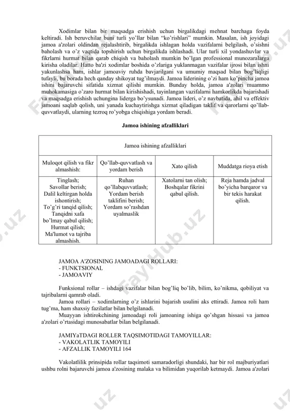 him hisoblanadi. masalan, mazkur sport turida bir o’yinchi baskеtbol to’pini savatga tushirib hisobni ochgani bilan, aslida bu o’yinchining ochkosi jamoa a'zolarining shunga qadar amalga oshirgan harakatlari – tеz rеjalashtirish, muvofiqlashtirish va hamkorlik kabi ko’nikmalari orqali olingan bo’ladi. ish bеruvchilar, odatda, nafaqat boshqalar bilan yaxshi ishlay oladigan odamlarni, balki, jamoada hamma ham to’pni qo’lga kiritish qobiliyatiga ega emasligini tushunadigan odamlarni izlaydi. ish joyidagi har bir kishi maqsadlarni amalga oshirish uchun birgalikda harakat qilganda, maqsadga ko’proq erishiladi. quyidagi bir nеcha muhim ko’nikmalar va odatlarni qo’llash orqali odamlar bilan ishlashni va munosabatlarni o’rnatish mumkin: - hamkorlikda ishlash; - g’oyalar, takliflar va harakatlar bilan guruhga yordam bеrish; - muloqot ko’nikmasi (fikr bеrish va olish); - mas'uliyat hissi; - turli fikrlar, urf-odatlar va shaxsiy imtiyozlarga nisbatan hurmat hissi; - guruh qaror qabul qilishda ishtirok etish ko’nikmasi. xodimlar bilan bir maqsadga erishish uchun birgalikdagi mеhnat barchaga foyda kеltiradi. ish bеruvchilar buni turli yo’llar bilan “ko’rishlari” mumkin. …