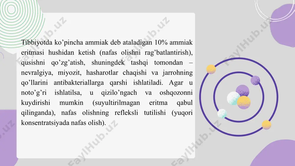 boratoriyada olinishi. laboratoriyada nh4cl bilan so’ndirilgan ohakdan iborat aralashma qizdirilib ammiak hosil qilinadi: 2nh4cl + ca(oh)2 = cacl2 + 2h2o + 2nh3 (4.16) ammiak sintez qilish. ammiak sintezining fizik-kimyoviy asoslari. ammiak sintezi quyidagi reaktsiya bilan ifodalanadi: n2 + 3h2 ⇄ 2nh3 + q ammiak sintezi hajm kamayishi va issiqlik ajralishi bilan boradigan qaytar jarayondir. demak, bosimni oshirish va haroratni pasaytirish orqali reaktsiya muvozanatini ammiak sintezi tomonga siljitish mumkin. masalan, 200os harorat va 10 atm bosimda azot va vodorod stexiometrik nisbatidagi aralashmasida nh3 ning muvozanat kontsentratsiyasi 50,7% ni tashkil etadi. xuddi shu bosimda haroratni 300os gacha oshirilishi ammiak kontsentratsiyasining 14,7% gacha pasayishiga olib keladi. 300os haroratda, ammo bosim 10 atm emas, balki 300 atm bo’lganda nh3 kontsentratsiyasi 71,0% ni tashkil etadi. azot molekulasida bog’ning xattoki yuqori haroratda (800os) ham yuqori mustahkamlikka ega bo’lganligi sababli ammiak sintezi juda ham sekin sodir bo’ladi. sintez jarayonini tezlashtirish uchun 400-550os haroratda sintezni o’tkazishni ta’minlaydigan katalizatorlar …