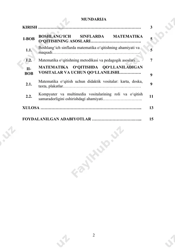 sh, o‘qitish jarayonining samaradorligini oshirishga yordam beradi. shu boisdan boshlang‘ich sinflarda matematika o‘qitish vositalarini o‘rganish bugungi kunda juda dolzarbdir. kurs ishining maqsad va vazifalari: kurs ishining asosiy maqsadi — boshlang‘ich sinflarda matematika o‘qitish jarayonida qo‘llaniladigan vositalarni o‘rganish, ularning samaradorligini tahlil qilish va matematikani o‘rgatishning yangi interaktiv yondoshuvlarini ishlab chiqishdir. ushbu maqsadga erishish uchun matematika o‘qitish vositalarining turli turlarini o‘rganish, ularning ta’lim jarayonidagi rolini tahlil qilish va o‘quvchilarga matematika ta’limini qiziqarli va samarali ravishda taqdim etish bo‘yicha takliflar ishlab chiqish rejalashtirilgan. kurs ishining obyekti: boshlang‘ich sinflarda matematika o‘qitish vositalari va ularning o‘quv jarayoniga ta’siri. bu jarayonlar o‘quvchilarga matematika bilimlarini yetkazish, amaliy ko‘nikmalarni rivojlantirish va o‘qitish samaradorligini oshirishga qaratilgan vositalar va usullarni o‘z ichiga oladi. kurs ishining predmeti: boshlang‘ich sinflarda matematika o‘qitishda qo‘llaniladigan vositalar, metodlar va usullar. bu jarayonda o‘quvchilarning matematika faniga bo‘lgan qiziqishini oshirish, tushunishni osonlashtirish va amaliy ko‘nikmalarni rivojlantirish bo‘yicha pedagogik yondoshuvlar o‘rganiladi. kurs ishining metodologik asosi pedagogik yondoshuvlar va …
