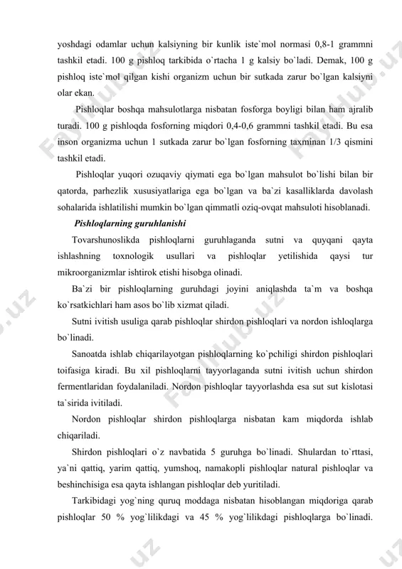 i ivitishga tayyorlash. pishloq ishlab chiqarish uchun qo`llaniladigan sut dastlab quyidagi jarayonlar bo`yicha ishlanadi: yetiltirish, sutni norallashtirish va pasterizatsiyalash, ximikatlarni va bo`yoq moddalarini qo`shish. yetiltirish jarayoni sutning texnologik ko`rsatkichlarini yaxshilash uchun uni 10-120с da ma`lum vaqt davomida ushlab turishni o`z ichiga oladi. sutni yetiltirish jarayonida sut kislotasi bakteriyalari birmuncha ko`payadi, ikkinchidan sut kislotali bijg`ishning yaxshi borishi uchun zarur bo`ladigan eruvchan oqsillar miqdori ham ko`payadi. shuningdek, ionlashgan kalsiy-ning miqdori ko`payib borib, sutning kalloid-kimyoviy xossalari yaxshilanadi va uning shirdon fermenti ta`sirida ivishi uchun qulay sharoit yaratiladi. normallashtirish jarayoni tayyor mahsulotda kerakli darajada yog` bo`lishini ta`minlash uchun o`tkaziladi. pasterizatsiya jarayonini o`tkazish pishloq ishlab chiqarishdagi muhim jarayonlardan biri sanaladi. shveytsariya pishloqlaridan tashqari boshqa hamma pishloqlarni ishlab chiqarishda pasterizatsiya jarayoni o`tkaziladi. sutni asosan 71-720s haroratda 12 soniya davomida pasterizatsiya qilinadi. ma`lumki, bunday rejimda pasterizatsiya o`tazilganda hamma mikroorganizmlar ham halokatga uchramaydi. shu sababli ham sutda mikroorganizmlar miqdori minimal darajada bo`lishi kerak. pasterizatsiya qilingan sutda uning ivishga …