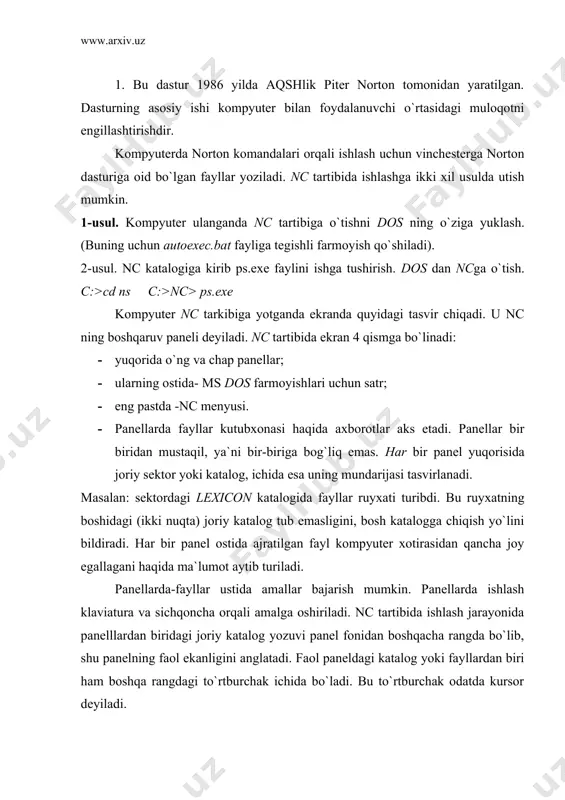 katlantiriladi: (-chapdagi ustunga sakraydi; (-bir satr yuqoriga kutariladi; (-o`ngdagi ustunga sakraydi; (-bir satr pastga tushadi; tab- bir paneldan ikkinchisiga o`tish; end-ruyxatning oxiriga tushadi; nome- ruyxatning eng yuqorisiga chiqadi; pageup- navbatdagi saxifani ochadi; pagedown- avvalgi sahifani qaytaradi. kursorni biror failga olib kelib, enter klavishi bosilsa ikki hodisadan biri yuz beradi: 1. agar kursor turgan fayl bajariluvchi fayl bo`lsa, u ishga tushadi. 2. kursor matniy faylda turgan bo`lsa hech nima ruy bermaydi. bizga ma`lumki bajariluvchi dastur-fayllar odatda exe, com, bat kabi kengaytmalar bilan belgilanadi. demak, shunday kengaytmali fayllar kursor yordamida faollashtiriladi va u ishga tushib ketishi mumkin. umuman dastur-fayllar bir-necha yo`sinda ishga tushiriladi. nc tartibda:-kursor shu fayl ustiga olib kelinib, enter klavishi bosiladi. dos tartibida-faylgacha yo`l va nomi klaviaturadan terilgach enter klavishi bosiladi. 2. nc ning o`zi ham dastur bo`lganlign uchun, undan chiqib ketish kuzda tutilgan. buning uchun: 1. f10 funktsional tugma bosiladi. bunda kompyuter sizdan ncdan chiqmoqchimisiz? (y yoki n) deb …