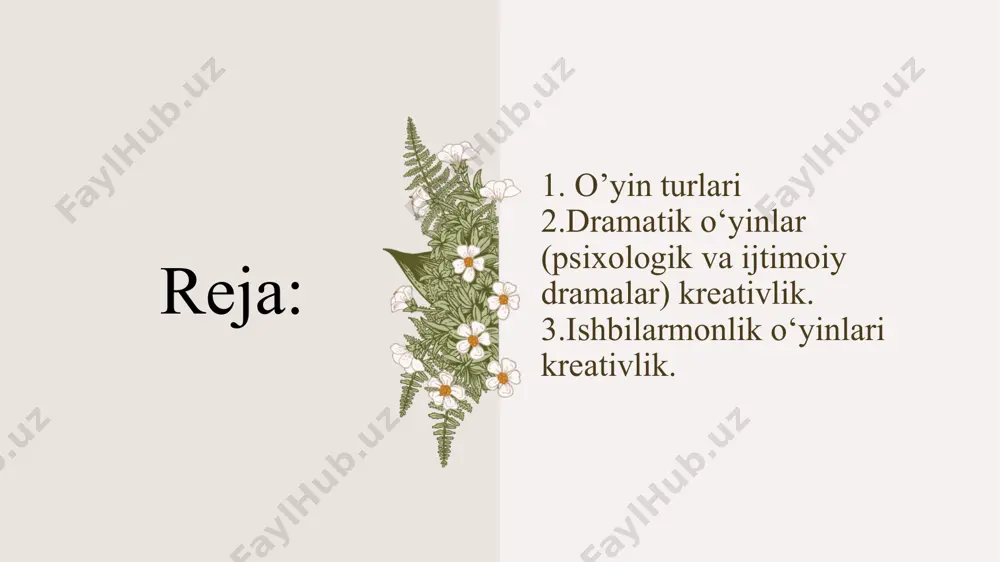 sash o'yinlari qurish-yasash o'yinlarida bir xil buyumlarning boshqalari bilan almashinishi yuz beradi. kichik va o'rta guruh yoshidagi bolalarda qurilish o'yinlari rolli o'yinlar bilan bog'lanib ketadi syujetli-rolli o'yin o‘yinlar qoidali o‘yin quyidagi turlari didaktik o‘yinlar, harakatli o‘yinlar, musiqali o‘yinlar va ermak o‘yinlariga bo’linadi. qoidali o'yinlar bolalar o‘yin qoidalarini o'zlari o‘yin jarayonida helgilashadi 10 didaktik о‘yinlarni tashkil etishda bolalarning yosh va individual xususiyatlarini hisobga olish lozim. o‘yinlar predmetli o‘yinlar 15-20 minut o’ynaladi. syujetli o‘yinlar 30-60 minut o’ynaladi. qoidali o‘yinlar 1-2 soat o’ynaladi. bola 8-9 oylikdan kattalar bilan dastlabki o‘yin faoliyatini boshlaydi. bolaning shaxs bo‘lib shakllanishi o‘yin faoliyat turida amalga oshadi. bola o‘yin faoliyat orqali o‘z iqtidorini namoyon etadi. qoidali o‘yin didaktik o‘yinlar, harakatli o‘yinlar, musiqali didaktik o‘yinlardir. qoidali o'yinlar bolalar o‘yin qoidalarini o'zlari o‘yin jarayonida helgilashadi 12 sayrni tashkil qilish название презентации 13 14 harakatli o'yinlar ertalabki va kechki sayr soatlarida tashkil etilib, kuniga 1-2 marta butun guruh, yoki guruhcha bilan o'tkazilishi …