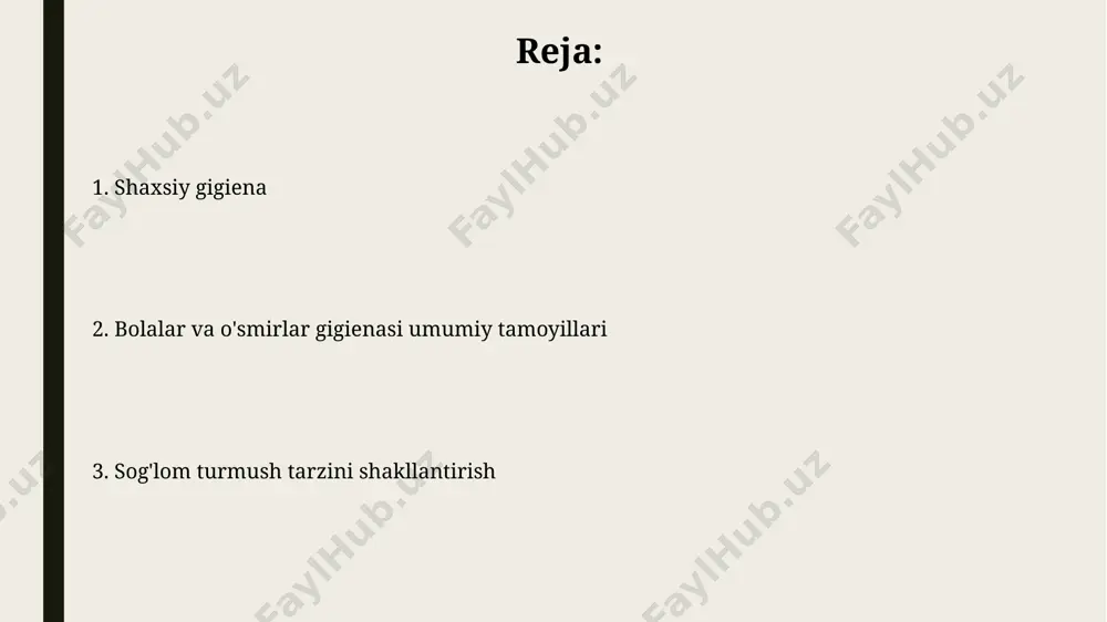 ahsulotlarini yaxshilab yuvib, termal ishlov berish, zararli bakteriyalar va parazitlarning oldini olish uchun juda muhimdir. bu oziq-ovqat zaharlanishining oldini oladi. kiyim-kechak gigienasi кийим-кечак гигиенасига риоя қилишда 3-4 соатда бир марта либосларни алмаштириш, айниқса, терлаш кузатилган ҳолларда, жуда муҳимдир, бу тери касалликларининг олдини олади. ёшга мос келадиган, қулай ва тоза кийимларни танлаш, ҳаракатланиш эркинлигини таъминлаш ва инфекцияларнинг тарқалишини камайтиришда муҳим роль ўйнайди, бу 6-12 ёшдаги болалар учун айниқса муҳим. bolalar va o'smirlar gigienasi asoslari bolalarda va o'smirlarda qo'llarni muntazam ravishda, ayniqsa ovqatdan oldin va hojatxonadan keyin sovun bilan yuvish, infektsion kasalliklar xavfini 80% gacha kamaytiradi. bolalar va o'smirlar kuniga kamida 2 marta, har bir ovqatdan keyin va uxlashdan oldin tishlarini yaxshilab tozalash kerak, bu tishlar kariesi va gingivitning oldini olishda muhim rol o'ynaydi. e'tiboringiz uchun rahmat @taqdimot_robot image1.jpg image2.jpg image3.jpg image4.jpg image5.jpg image6.jpg image7.jpg