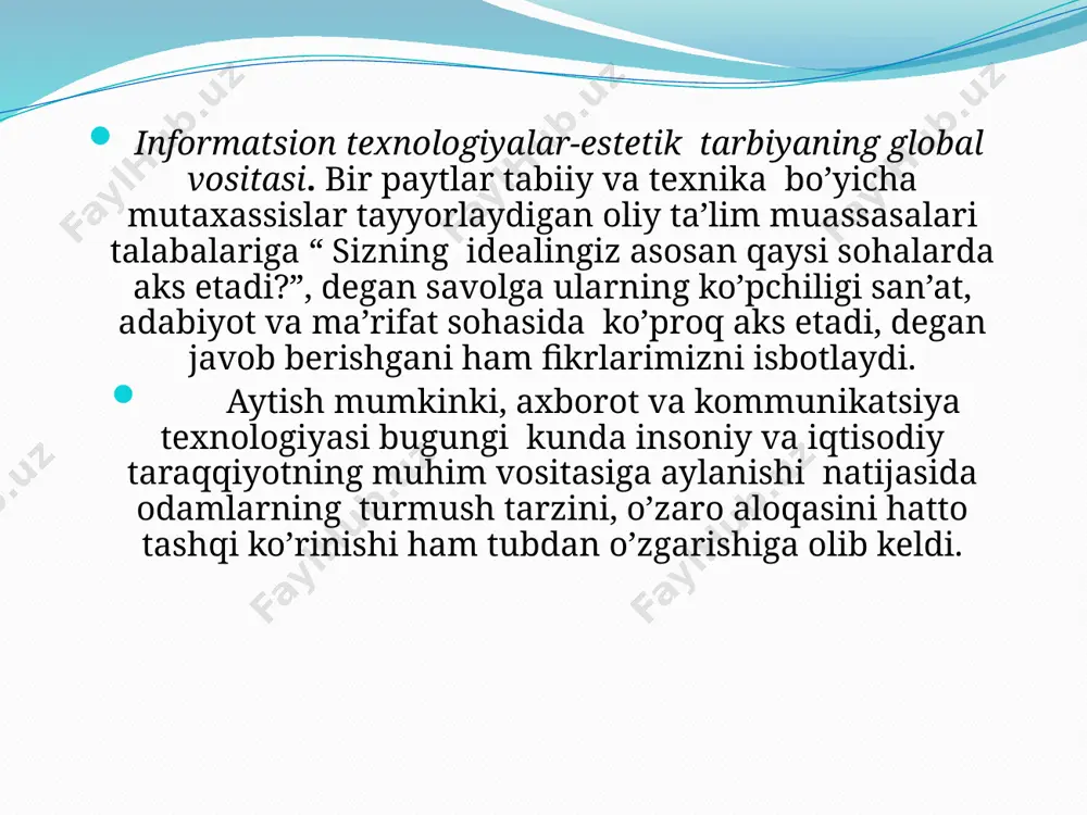 an belgilanadi. u ranjish, nomunosib holat, ko’ngilga xush yoqmagan ishlar qilganda munosabat bildiramiz. shuning uchun bo’lsa kerak,kamdan kam hollarda “farosatli kishi, farosati bor, farosatli”degan so’zlarni ishlatamiz. biroq. did, fahm, farosat kabi tushunchalar aynan estetika ilmiga tegishli bo’lib, fahm-haqiqatga, farosat-ezgulikka,did-go’zallikka munosabat orqali namoyon bo’ladi. har uchchala hodisaning asosida ham qobiliyat yotadi. shu ma’noda fahm-aqliy, farosat-axloqiy, did-estetik qobiliyatni yuzaga chiqaradi. ayniqsa, estetik did va farosat murakkab tarbiya jarayonini taqozo etadi. chunki u ham aqliy, ham axloqiy, ham hissiy tarbiya uyg’unlashgan umumiylikdan iborat. shu o’rinda estetik tarbiyaga tahdidning uchinchi jihati haqida fikr bildirish va bu borada alohida ta’kidlash shart bo’lgan bir necha mulohazalar bor. ular orasida insonning estetik tarbiyasiga ta’sir etishning psixologik jihatlarni alohida ahamiyat kasb etadi. buni ong osti hodisasi orqali izohlash mumkin. 1.sezgilar. aytish mumkinki, mana shu 5ta sezgi ilg’amagan narsani ong osti ilg’ash qobiliyatiga ega. uzluksiz jarayonni tuyg’ular xotiraga uzluksiz yozadi. ammo biz ularning hammasini ajrata olmaymiz. zero, kamalakda millionlab, …