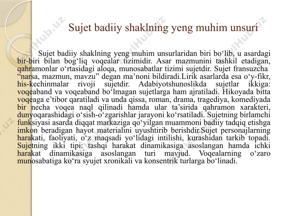 iyati kompozitsiya lotincha “compositio” so‘z bo‘lib, “tuzilish”, qurilish, tarkib” demakdir. badiiy asar kompozitsiyasiga:badiiy asar qismlari, detallari, badiiy tasvir vositalarining ma’lum maqsad asosida muayyan tartibda joylashtirilishi” deb ta’rif beriladi. har qanday asarning mazmuni, g‘oyasi, qahramonlari qiyofasi, ta’sirchanlik darajasi uning kompozitsiyasi bilan bevosita bog‘liq bo‘ladi. chunki ijodkorning mahorati, uning hayotni, inson obrazini ko‘rsatishdagi o‘ziga xos izlanishlari, avvalo, asar kompozitsiyasida aniq namoyon bo‘ladi.sababi kompozitsiya asarning barcha jihati – qahramonlar qiyofasi, ularning xatti-harakatlari, holati, nutqi, voqealar yuz beradigan joy manzarasi kabilarni o‘z ichiga qamrab oladi. arxitektonika esa adabiy asarning tashqi qurilishi, ya’ni uning asosiy qismlari (boblar, fasllar, parda, ko‘rinish)ning yaxlit birlashtirilishidir. kompozitsiya esa badiiy asar qismlarini yaxlit badiiy niyat asosida joylashtirish asosida badiiy mazmunni shakllantirish va ifodalash uchun asardagi barcha qismlarni muayyan maqsadga muvofiq o‘zaro uyg‘unlashtirishdir. kompozitsiyaning asosiy unsurlari asar tarkibidagi matn qurilishi (bob, sarlavha, asosiy va yondosh matn) badiiy nutq shakllari (hikoyalash, tavsif, dialog) rivoya sub’ektlari (muallif, personaj,o‘zga shaxs), lirik chekinish peyzaj inter’er …