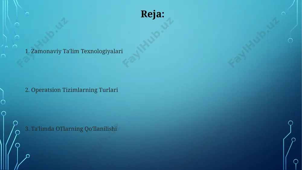 xil operatsion tizimlarda kiberxavfsizlik dasturlarini o'rnatish va sozlash bo'yicha 5 tadan ortiq amaliy topshiriqlar bajariladi. kiberxavfsizlik ta'limi zamonaviy ta'lim texnologiyalari, jumladan, simulyatsiya va virtual mashqlar orqali 10 dan ortiq turdagi kiberhujumlarni aniqlash va ularga qarshi kurashish bo'yicha amaliy ko'nikmalarni o'rgatadi. macos operatsion tizimi macos app store'da ta'limga oid 20000 dan ortiq ilova mavjud bo'lib, ularning ko'pchiligi eng yangi macos versiyalariga moslashtirilgan. macos operatsion tizimi apple kompaniyalarining qurilmalari uchun mo'ljallangan bo'lib, uning 10 dan ortiq versiyalari mavjud va xavfsizlik jihatidan yuqori darajada himoyalangan. ta'lim texnologiyalarining kelajagi bulutli texnologiyalar va ta'limni boshqarish tizimlari (lms) o'qituvchilar uchun 1000 dan ortiq turli xil resurslar va ma'lumotlar bazasini taqdim etadi, hamma joyda va istalgan vaqtda ta'limga kirish imkonini beradi. kengaytirilgan va virtual reallik (ar/vr) texnologiyalari 2030-yilga borib, 3d modellashtirish va immersiv o'quv muhitlarini yaratish orqali ta'lim jarayonini tubdan o'zgartiradi, o'quv samaradorligini oshiradi. operatsion tizimlarning turlari mobil operatsion tizimlari, android va ios kabi, 2023 yil holatiga …