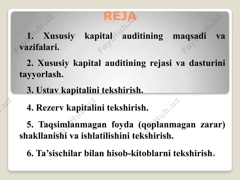 hisob-kitoblarning to’g’riligini tekshirish ustav kapital to’liq va o’z vaqtida shakllantirilganligini tekshirish ta’sis etuvchilar bilan o’z vaqtida va to’liq hisob-kitoblar qilinganligini tekshirish buxgalteriya (moliyaviy) hisobotning ishonchliligini tasdiqlash ustav kapitaliga ulushlari bo’yicha kiritilayotgan moddiy qiymatliklarning baholanishi, ularning to’g’riligi va hisob-kitoblarning asoslanganligini tekshirish образец текста второй уровень третий уровень четвертый уровень пятый уровень xususiy kapitalni tekshirish chog’ida ma’lumot manbalarining tarkibi ta’sis shartnomasi buxgalteriya balansi (1-shakl) bosh daftar xususiy kapital to’g’risidagi xisobot (5-shakl) ta’sis hujjatlari, ustav kapitalini shakllantirishga doir dastlabki hujjatlar, hisob registrlari va hisobot ma’lumotlarini tekshirish quyidagi tartibda amalga oshiriladi: 1 ta’sis hujjatlari (ustav, ta’sis shartnomasi) mavjudligi, shakllari va to’g’ri rasmiylashtirilganligi; 2 ta’sis hujjatlari mazmunining amaldagi qonunchilak va me’yoriy hujjatlar talablariga muvofiqligi; 3 ta’sischilar ulushlarining ustav kapitaliga to’liq va o’z vaqtida qo’shilishi; 4 ta’sischilar mulk shaklida qo’shadigan ulushlarining to’g’ri baholanishini tekshirish; 5 ustavda ko’rsatilgan faoliyat turlarining qonuniyligini tekshirish; 6 ustav kapitali hajmining ta’sis hujjatlari va o’zbekiston respublikasi qonunchiligiga muvofiqligi; 7 ustav kapitalining to’liq …