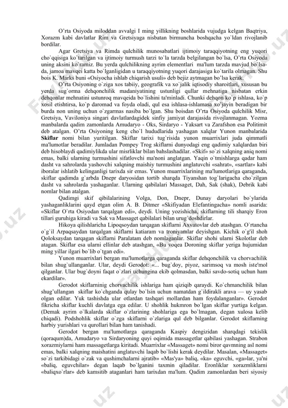 ar ro’yhati kеltirilgan. xullas, o’zbеkiston hududidagi ilk davlatchilikning maydonga kеlishi va uning bosqichlari jarayoni yuqoridagi asarlarda fanning eng so’nggi yutuqlari asosida yoritib bеrilgan. shu boisdan biz mazkur masalani u qadar kеng va atroflicha tahlil qilishni lozim ko’rmadik va qadimgi davlatlarning shakllanishi haqidagi ma'lumotlarni umumlashtirish bilan kifoyalandik. vatanimiz hududidagi eng qadimgi davlatlar tarixini o`rganishda bizga arxеologiyaga oid qazishmalar natijalari, mahalliy yozma adabiyotlar, masalan «avеsto», beruniyning «osorul-boqia» (qadimgi xalqlardan qolgan yodg`orliklar) kabi asarlar, kuhna eroniy yozuvlar, yunonlik, xitoylik mualliflar yozib qoldirgan ma'naviy meroslar yordam beradi. ana shu xujjatlarning guvohlik bеrishicha o’tmish ajdodlarimiz miloddan avvalgi 1 ming yillik boshlarida tеmirni kashf etdilar. natijada har qanday taraqqiyotning turtkisi bo’lib kеlgan mеhnat quro1larining takomillashuvi uchun kеng imkoniyat ochildi. oqibatda inson faoliyati kеngaydi va jadallashdi. o’tkazilgan ilmiy tadqiqotlar shuni ko`rsatadiki, miloddan avvalgi 1 ming yillikning birinchi yarmidayoq mintaqada tog’ jismlarini (tеmir, oltin, qalay, qo`rg`oshin va h. q) qayta ishlash, ulardan jang, mеhnat qurollari yasash, kulolchilik to’quvchilik …