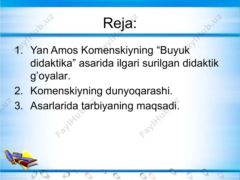 hved—polyak urushi vaqtida leshnodagi chex qardoshlari jamoasi tor-mor qilinadi. komenskiy gamburgga qochadi. undan amsterdamga o’tadi. shunda gollandiya senatining buyrug’iga muvofiq uning asarlari to’plami bosilib chiqadi. komenskiy o’z vatanini juda sevar va uning mustaqilligi uchun kurash olib boradi. uning ko’p asarlarida vatanparvarlik hissi aks etgan. u chex xalq poeziyasini yig’ib chex maqollar to’plamini tuzadi va o’z xalqining tilini saqlashga, sevishga undaydi. komenskiyning dunyoqarashi. komenskiyning dunyoqarashida uch xususiyat ta’sirini ko’ramiz. 1. natur falsafasi. 16—17-asrlarda ingliz faylasufi — materialist bekon sensualistik falsafa nazariyasini ilgari suradi. komenskiy o’qitish jarayoniga shu pozitsiyadan qaraydi. bilish sezishdan boshlanadi. sezish bo’lmagan yerda bilish ham yo’q, deydi u. 2. chex qardoshlari jamoasi diniy jamoa bo’lganligi uchun komenskiy ham dindor ruhoniydir. lekin komenskiyning ruhoniyligi turmushga amaliy qarash bilan bog’liq edi. 3. komenskiy dunyoqarashining ba’zi jihatlari uyg’onish davri ta’sirida vujudga keladi. odamlarga nisbatan muhabbat, hushchaqchaqlik, odamlarning yaxshilik yaratishiga ishonch bilan qarash, bularning hammasi o’rta asr odamiga nisbatan ishonchsizlik bilan qarashga qarama-qarshidir. …