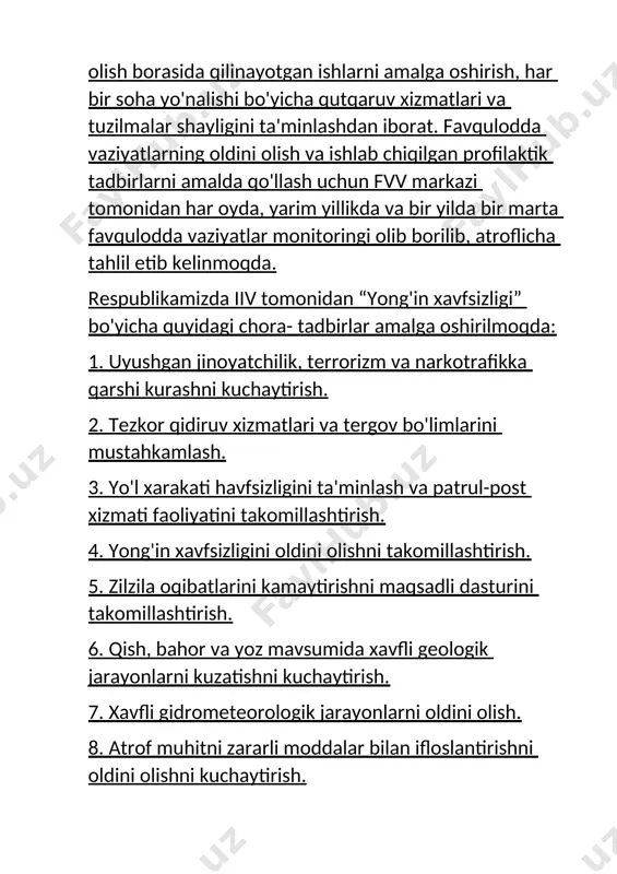 cha davlat siyosatining asosiy tadbirlarini mehnat qonunchiligi asosida belgilab bergan. 2001 yil 27 dekabrda hukumatning “rossiyani ekologik va tabiiy resurslari to'g'risida”gi qarori chiqqan. ushbu qarorga asosan, maqsadli federal dastur tayyorlanib, kerakli chora-tadbirlar ishlab chiqilgan. aholi va xududlarni f.v. lardan muhofazalash tadbirlari. tashkiliy tadbirlar. aholi va xududlarning favqulodda vaziyatlardan muhofaza qilishga qaratilgan chora tadbirlar, turli avariya, xalokatlarni oldini olish, bartaraf etish, favqulodda vaziyatda aholini harakatlanishga tayyorlash kabi tadbirlar majmuasidan iborat. axborot tadbirlari. axborot vositalari (televizor, radio, internet) orqali jahonda va respublikamizda sodir bo'layotgan ofatlar, halokatlar ularning kelib chiqish sabablari, oqibatlari, xavfi to'g'risidagi ma'lumotlar orqali aholini xabardor qilib borish, vujudga kelishi mumkin bo'lgan favqulodda vaziyat, unga qarshi muhofaza tadbirlari, harakatlanish qoidalari, evakuatsiya tadbirlariga oid ma'lumotlardan aholini xabardor qilish, axborot uzatish kabi tadbirlar tashkil etadi. ijtimoiy-iqtisodiy tadbirlar. aholi va xududlarni ijtimoiy-iqtisodiy muhofazalashga qaratilgan chora- tadbirlar, favqulodda vaziyatlar yuzaga kelganda ularning xavfini bartaraf etish, aholini moddiy ta'minlash, iqtisodiy jihatdan ko'rilgan zararni qoplash va boshqalar …
