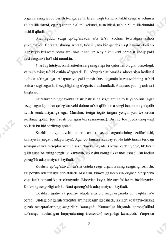 abli uy haroratida bo’lgan suv qishda «issiq», yozda «sovuqdek» tuyuladi. ba’zi retseptorlaring bor yoki yo’qligi to’liq o’rganilmagan. har holda sezgi organlari butunlay yuqolmaydi. adaptatsiyaning biologik ahamiyati shundaki, u kuchsiz qo’zg’atuvchilar salbiy ta’siridan sezgi organlarini himoya qiladi. sezgi organlarining sezgirligi faqat qo’zg’atuvchilarning ta’siri ostida o’zgarmaydi. sezgi organlarining o’zaro ta’siri natijasida ham ularning sezgirligi oshadi. masalan, kuchsiz tovush ta’siri ostida turish analizatorning sezgirligi oshadi, kuchli tovush ta’siri ostida esa uning sezgirligi zaiflashadi. sensibilizatsiya. analizatorlarningo’zaro munosabati va mashq qilish natijasida sezgirlikning kuchayishi hodisasiga sensibilizatsiya deyiladi. sezgilarning o’zaro ta’siri ostida ularning sezgirligining oshishi ko’zg’alishining kontsentratsiyasi va irradiatsiya jarayonlari bilan tushuntiriladi. sinestizatsiya. qo’zg’atuvchining biron bir analiztorga ta’siri natijasida boshqa bir analizatorga xos sezgining paydo bo’lishi senestizatsiya deyiladi. bunga «rangni eshitish» hodisasini misol qilib olish mumkin. sezgilarning buzilishi analizatorlari va uni tekshirish magipesteziya – sezgi buzilishi turi (kam ta’sirchanlik) sezgilarning buzilishi analizatorlar perifirik bo’limlarining faoliyati izdan chiqqanida hammadan ko’p ma’lum bo’ladi. sezgilarning buzilishi juda xilma-xildir bular: …