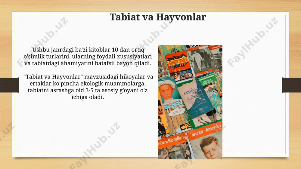 oyalar, sheʼrlar va lug‘atlar kabi turli formatlarda chop etilgan. kelajakdagi tendentsiyalar elektron kitoblar va audiokitoblarning bozor ulushi keyingi 5 yil ichida 40% dan yuqori bo‘lishi va an’anaviy bosma nashrlar bilan raqobatlashishi kutilmoqda. ekologik mavzulardagi asarlar soni va ularning ommabopligi 2030-yilga kelib 50% ga oshishi va yosh o‘quvchilarning atrof-muhitga bo‘lgan munosabatini shakllantirishda muhim rol o‘ynashi kutilmoqda. e'tiboringiz uchun rahmat @taqdimot_robot image7.jpg image8.jpg image9.jpg image10.jpg image11.jpg image12.jpg image13.jpg image14.jpg image15.jpg image16.jpg image17.jpg image18.jpg image19.jpg image20.jpg image21.jpg image22.jpg image23.jpg image3.png image4.png