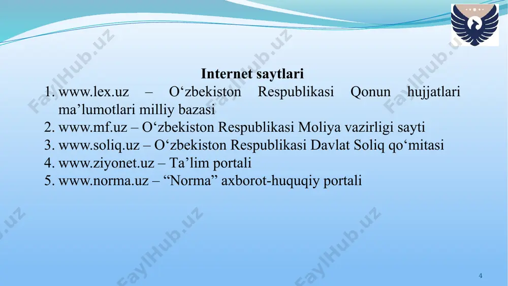 bering. soliqlarga oid bilimlarni olimlar tomonidan turlicha talqin eti- lishi sabablari nimada? soliqlar belgilarining mohiyatini tushuntirib bering. soliqning ekvivalentsizlik belgisining mohiyatini tushuntiring. e’tiborlaringiz uchun rahmat! telefon raqam: 93-428-25-05 telegram raqam: 93-428-25-05 muhiddin7@mail.ru image5.jpeg image6.png image7.png image8.png image9.png image10.png image11.png image12.png image13.png image2.jpeg