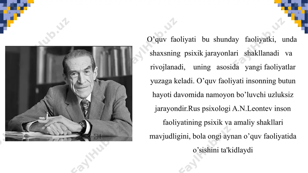 im jarayonida o’zlashtirishning muvaffaqiyati quyidagilarga bog’liq: ta'lim mazmuniga o’quv rejalari, dasturlari, darsliklar va o’quv qo’llanmalarining mavjudligiga ta'lim metodikalarini takomillashganligiga o’qituvchi maxoratiga o’quvchining individual psixologik xususiyatlariga tarbiya psixologiyasi maqsadga muvofiq ravishda tashkil etilgan pedagogik jarayon sharoitida inson shaxsi shakllanishining qonuniyatlarini o’rganadi, tarbiya har qanday jamiyatning muhim vazifasidir.tarbiya - bu shaxsning ijtimoiy, ma'naviy va ishlab chiqarish faoliyatiga tayyorlash maqsadida uning ma'naviy, jismoniy kamolotiga muntazam ravishda ta'sir ko’rsatish jarayonidir. insonning psixik taraqqiyotida va shaxsiy sifatlarining tarkib topishida tashqi, ijtimoiy muhit va tarbiyaning roli hal yetuvchi ahamiyatga egadir. lekin, inson shaxsining tarkib topishi, yuqorida aytib o’tganimizdek, faqat shu ikkita faktorga emas, balki uchinchi bir faktorga ham bog’liqdir. bu faktor nasliy yo’l bilan ayrim anatomik va biologik xususiyatlarning ta'siridir. odamga nasliy yo’l bilan ayrim anatomik va biologik xususiyatlar beriladi. masalan: tanasining tuzilishi, sochi va ko’zlarining rangi, ovozi, gapirish uslublari, ayrim harakatlari tug’ma ravishda berilishi mumkin. tarbiya jarayonining texnologiyasini quyidagicha sharhlash mumkin tarbiyalanuvchini alohida takrorlanmas, individuallik …