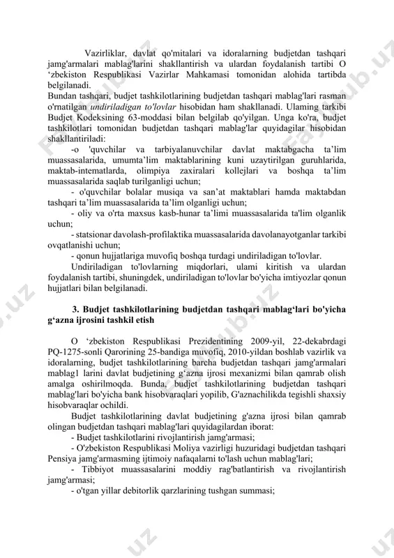 flanadi: - xodimlami moddiy rag‘batlantirishga; - moddiy-texnika bazasini mustahkainlash, muassasani modemizatsiya qilish va ta’mirlash, shuningdek, kreditorlik qarzlarini to’lashga. yuridik va jismoniy shaxslar tomonidan budjet tashkilotiga ko‘rsatilgan homiylik (begbaraz) yordamidan olingan mablag‘laming barcha summasi, agar homiy bilan maxsus o‘zgacha hoi kelishilmagan bo‘lsa, to‘lig‘icha moddiy-texnika bazani mustahkamlashga sarflanadi. shuni alohida ta’kidlash lozimki, budjet tashkilotlarini budjetdan tashqari mablag1ari topishga undash va yaxshi ish natijalarini rag'batlantirish maqsadida o'zbekiston respublikasi prezidcntining 2009-yil, 12-dekabr 1245-son qaroriga muvofiq. barcha budjet tashkilotlari 2015- yil, 1-yanvargacha barcha daromadlari (o'zbekiston respublikasi vazirlar mahkamasining 1999-yil, 3-sentabr 414-son qarori bilan belgilangan) yuzasidan barcha soliqlar va yig‘imlardan, shuningdek, davlat maqsadli fondlariga majburiy to‘lovlami to‘lashdan ozod etiladi. o ‘zbekiston respublikasi budjet kodeksi bilan, shuningdek, vazirliklar, davlat qo'mitalari va doralarning budjetdan tashqari jamg'armalari daromadlar ini shakllantirish manbalari belgilab qo'yilgan bo‘lib, ular belgilangan tartibda davlat bojlari, yig‘imlar va soliq bo'lmagan to'lovlar, ma’muriy jarimalar hamda moliyaviy sanksiyalardan ajratmalar hisobidan shakllantiriladi. jamg‘arma mablag'landan moddiy-texnika bazani mustahkamlash, xodimlarni moddiy …