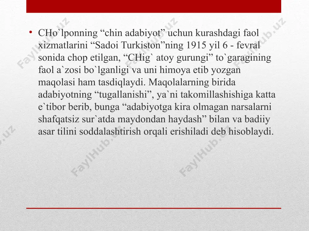 , ogahiy, furqat singari turkiy adiblar ijodiga hamohang bo`lsa, teran falsafiyligi bilan bedilni, yuksak pafosi bilan hofizni, xalq qalbiga yaqinligi bilan yassaviyni esga soladi, millatparvarlarcha isyonkorlik ruhi esa faqat va faqat fitrat qalbidan otilib chiqqan vulqondir xulosa xulosa qilib aytganda, abdarauf fitrat o‘zbek xalq og‘zaki ijodi namunalariga o‘z qarashlarini bildiribgina qolmay, uni yanada boyitdi. fitrat xalq og‘zaki ijodi an’analaridan juda ko‘p asarlarida foydalanganligi kuzatiladi. jumladan, “shaytonning tangriga isyoni” dramasiga bevosita xalq og‘zaki ijodining ba’zi sujetlari ko‘chirilgan. adabiyotlar 1.аdаbiyot nаzаriyasi. ikki jildlik.-t.: «fаn», 1978-1979. 2.arastu. pоetikа. аhlоqi kаbir-t.: «yangi аsr аvlоdi», 2004 3.vаlixo`jаеv b. o`zbеk аdаbiyotshunоsligi tаrixi.-t.: «o`zbеkistоn»,1993. 4.sultоnоv i. аdаbiyot nаzаriyasi.-t.: «o`qitvvchi», 2002. 5.fitrаt. аdаbiyot qоidаlаri.-t.: «o`qitvvchi»,1995. 6. safarov o. va boshq. o`zbek adabiy tanqidchiligi tarixi. “buxoro”. 2003. 7. aliev a. istiqlol va adabiy meros. t., 1999. 8. baldavf i. xx asr o`zbek adabiyotiga chizgilar. t., 2001. 9. do`stqoraev b. o`zbek adabiy tanqidchiligi tarixi. t., 1998. 10. nazarov b. o`zbek …