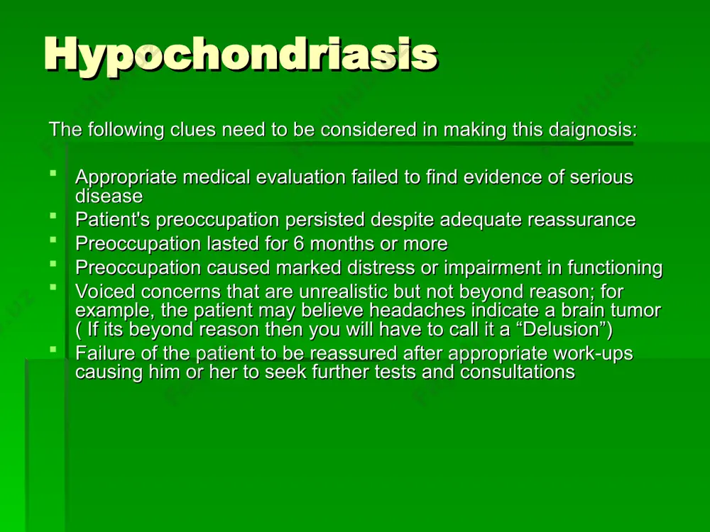 mal attitudes (i.e., fear, worry) d/d 7. psychotic disorders (schizophrenia, delusional disorder, major depressive disorder with psychotic features)  patients with hypochondriasis have overvalued ideas but not delusional beliefs. overvalued ideas are strongly held, but delusional ideas are accompanied by unshakeable conviction and are often bizarre hypochondriasis - therapy adopt a systematic approach to patients with hypochondriasis. here, you should aim to continue to care not a cure arrange regularly scheduled follow-ups. provide an explaination develop and maintain a positive relationship using interviewing skills. 2. cognitive behavioral therapy as a primary mode of therapy 3. in patients with hypochondriasis who have coexisting depressive or anxiety disorders, rx with an antidepressant.  start treatment with a serotonin reuptake inhibitor at low dose; for example, start sertraline, 12.5 mg/d, and increase by 12.5 mg every 5 days as tolerated until a daily dose of 50 mg is achieved somatization - management never …
